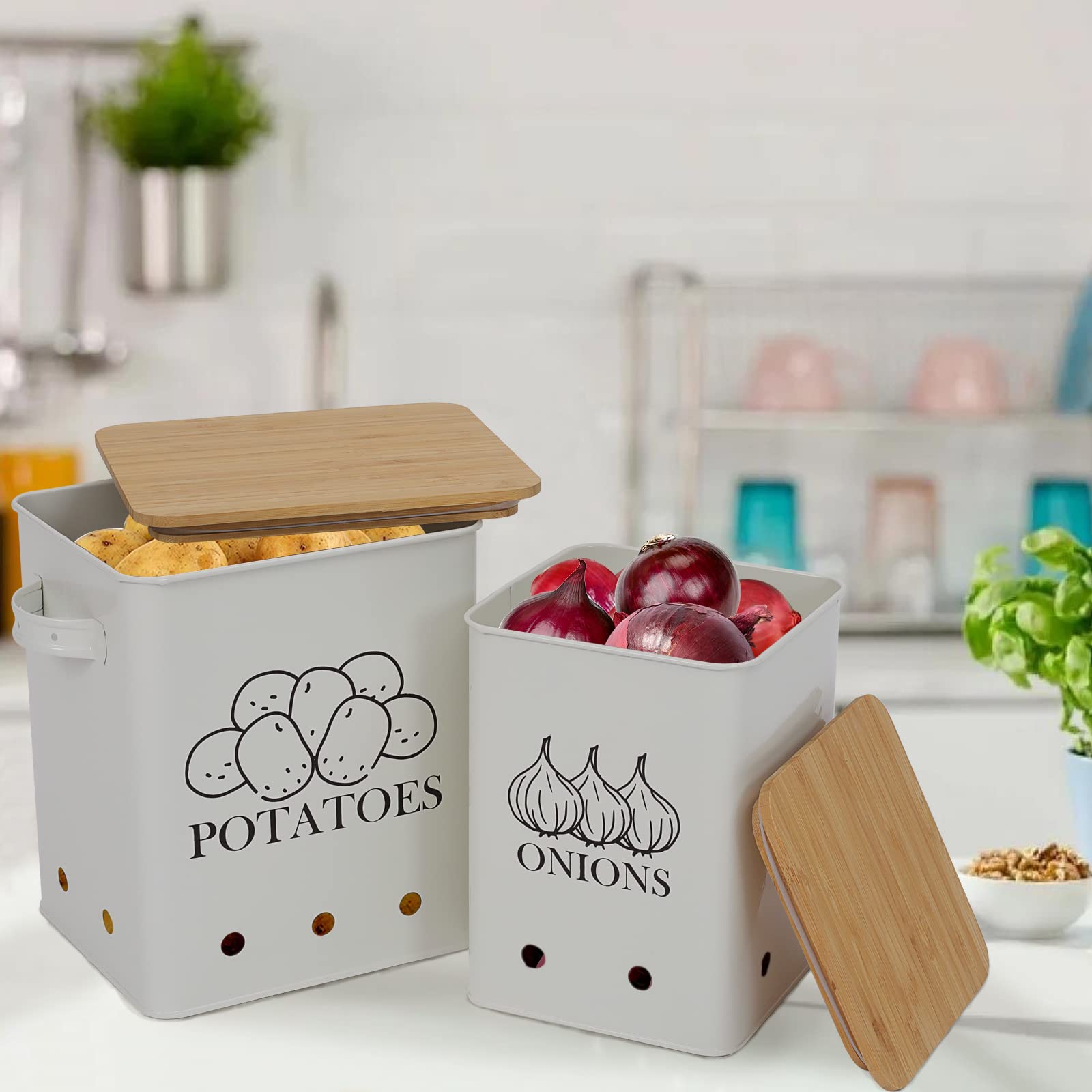 Kitchen Vegetable Storage Tins Set of 2 for Potatoes  Onion  with wooden lid Garlic Bin Caddy  Long Shelf Life-white
