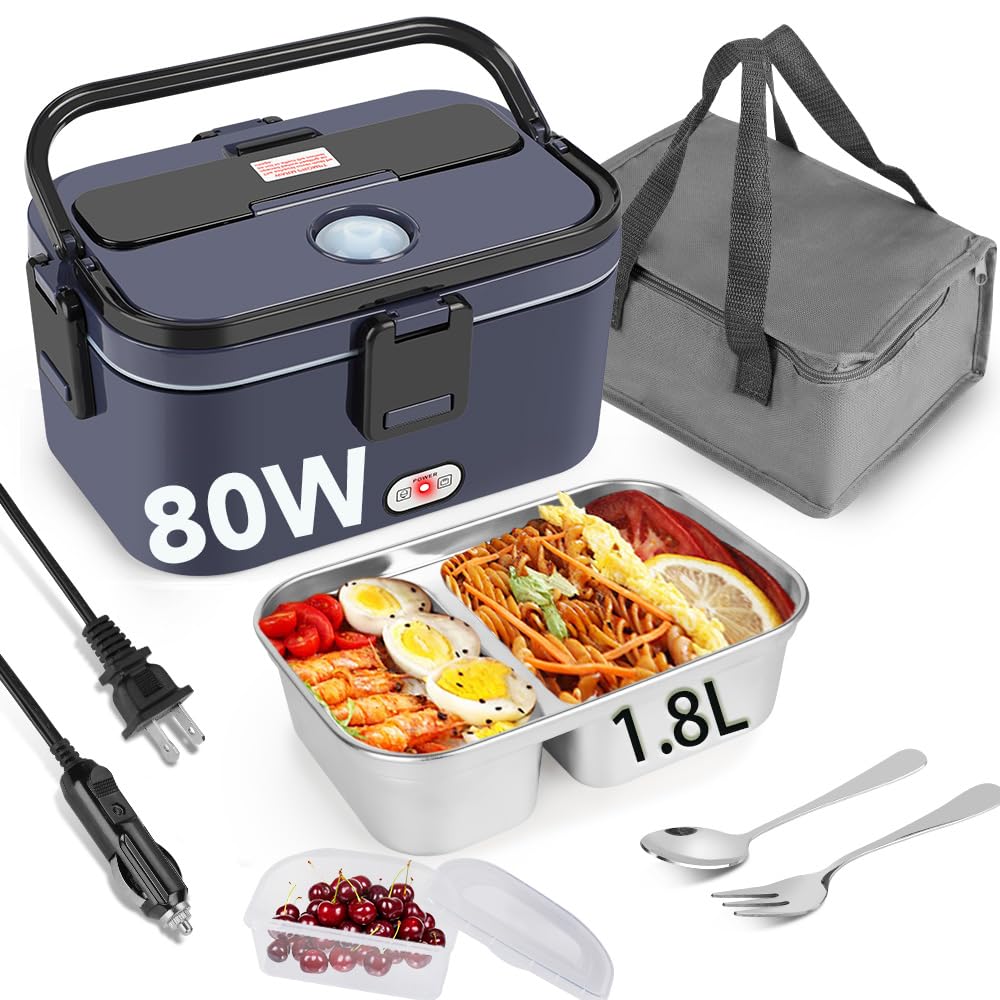 IXIIE Electric Lunch Box 80W for Adults, 1.8L Lunch Warmer with 2 Compartments for Truck/Car/Work, Fast Portable Heated Lunch Bo