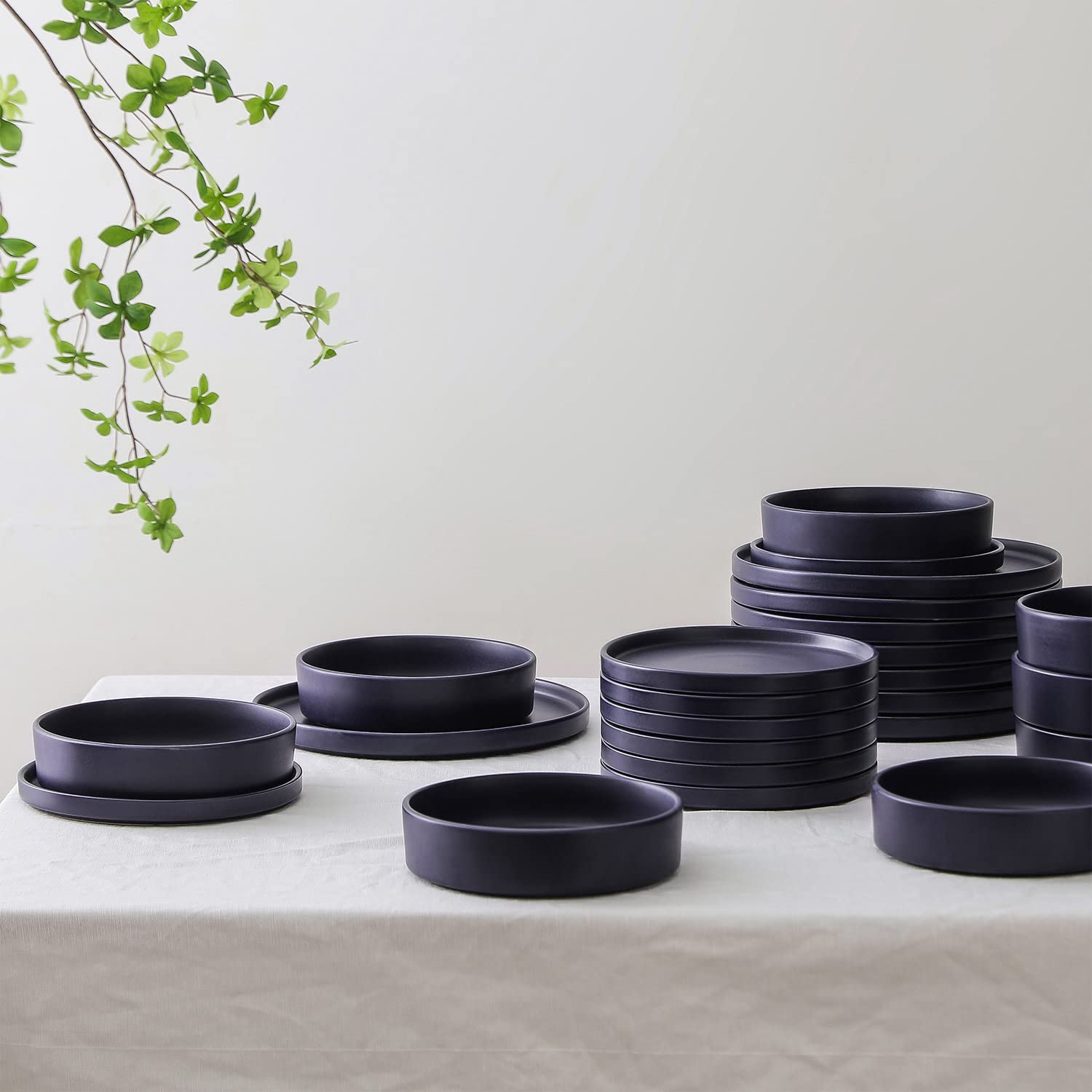 Stone Lain Cleo Modern Stoneware 32-Piece Dinnerware Set, Plates and Bowls Set, Dish Set Service For 8, Dark Blue
