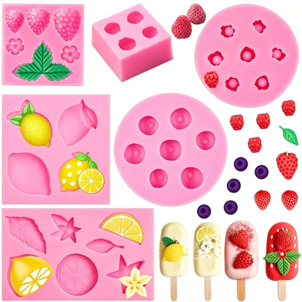 Strawberry Silicone Fondant Mold,Blueberry Lemon Piece Fruit Chocolate Molds 5PCS for Cake Cupcake Topper Candy Candle Polymer C