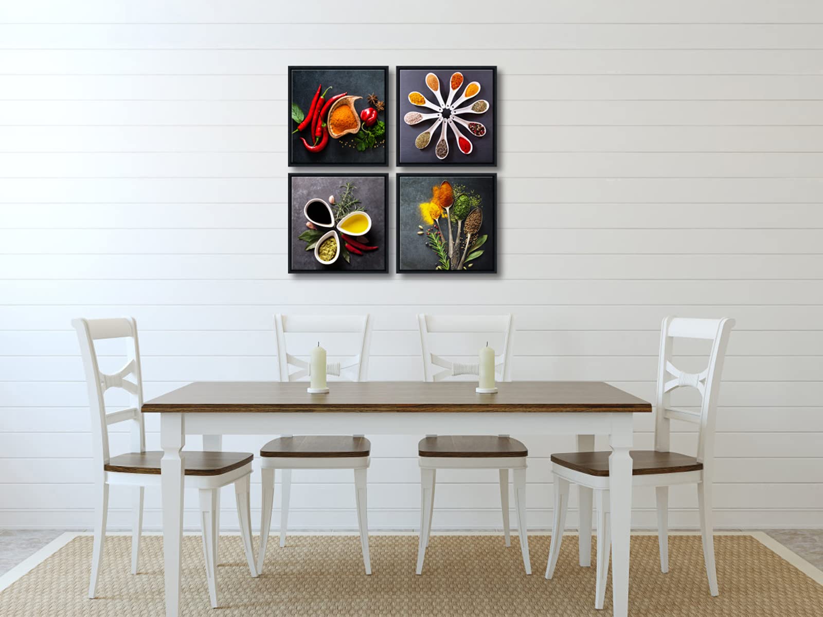 Pyradecor Black Framed 4 Pieces Colorful Spices And Spoon Vintage Canvas Prints Still Life Paintings Pictures Canvas Wall Art Fo