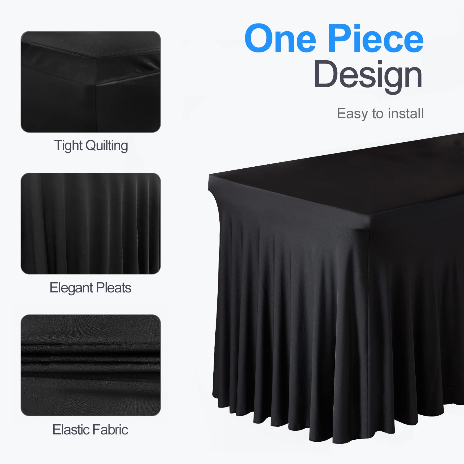 Emart Rectangle Table Skirt For 6Ft, Black Spandex Tablecloth Wrinkle Resistant Cover For Banquet Wedding Birthday Party