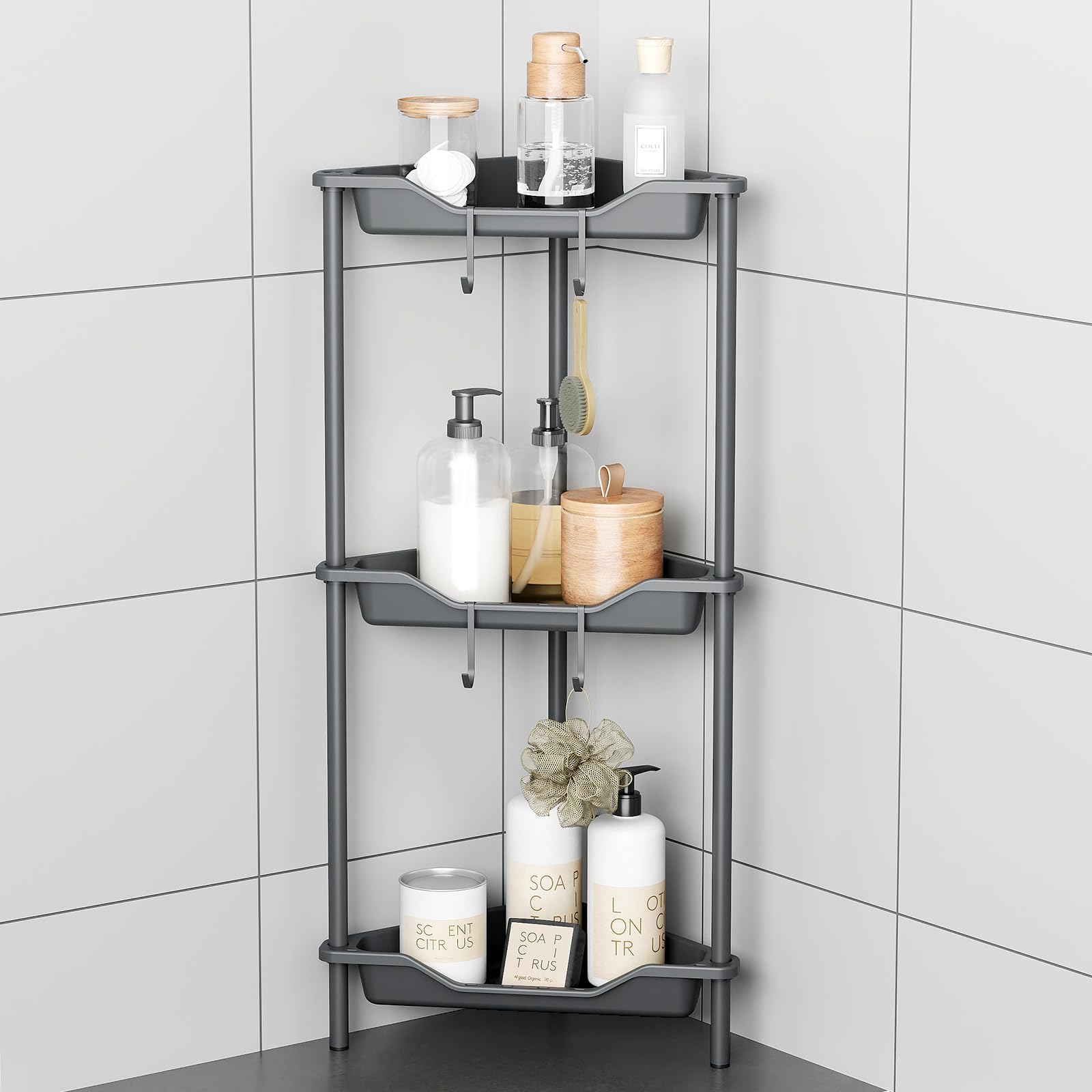 Odesign 3 Tier Floor Standing Corner Shower Caddy Organizer Plastic Metal Splicing Shelf Storage Rack For Bathroom
