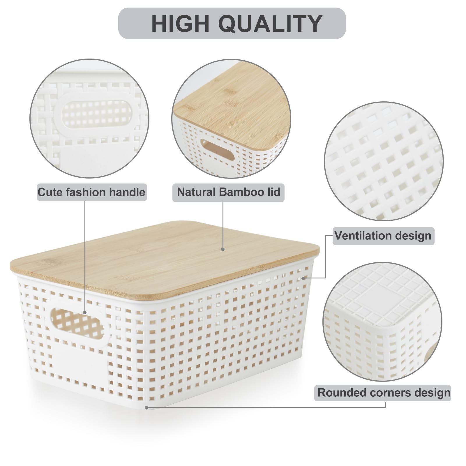 Bagnizer Small Plastic Storage Bins With Bamboo Lids 5.2Qt Stackable Box Basket Pantry Decorative Containers Cute With Lable For