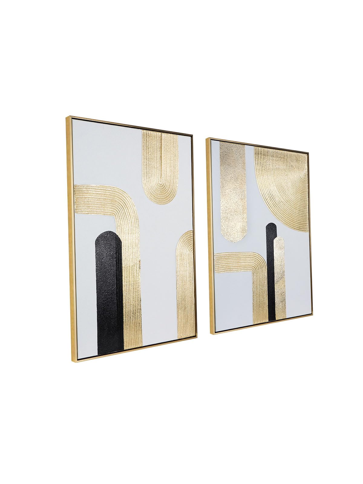 Black Gold Abstract Wall Art - Hand-Painted Geometric Line Spiral Duo Abstract Shapes Canvas Artwork Decor, Set Of 2, 24 X 36 In