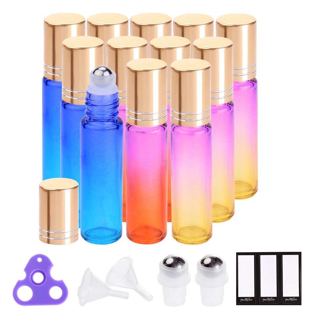 Prettycare Roller Bottles 10Ml (12 Pack Rainbow Glass, Golden Cap, 24 Labels, 2 Extra Roller Balls, Opener, 2 Funnels) For Essen