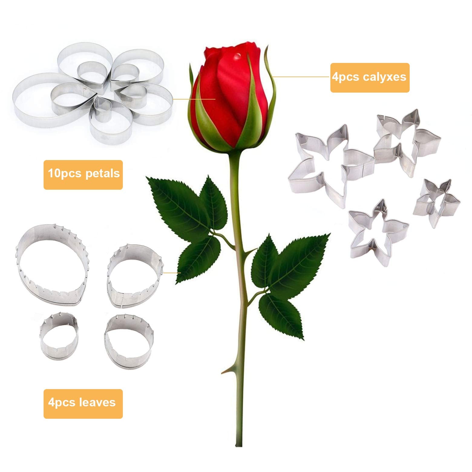 18Pcs Gumpaste Flower Mold Austin Rose Petal Calyx Leaf Cutter Set Sugarcraft Fondant Modelling Tools For Cake Decorating, Choco