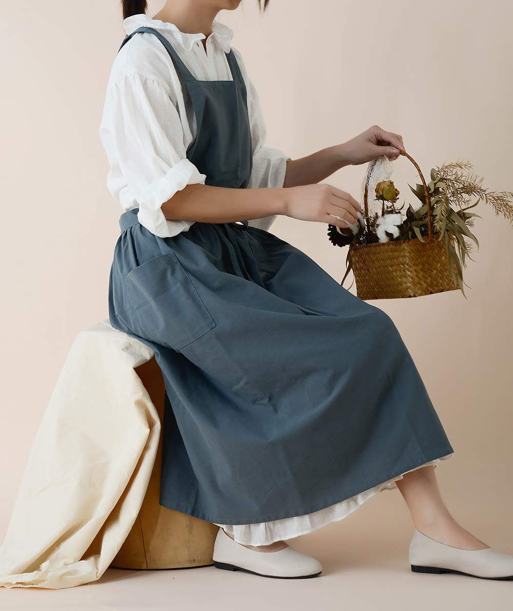 Faduofa Cotton Linen Apron Japanese Style Waterproof Aprons With Pockets For Kitchen Cafe Flower Shop Smock (Blue)