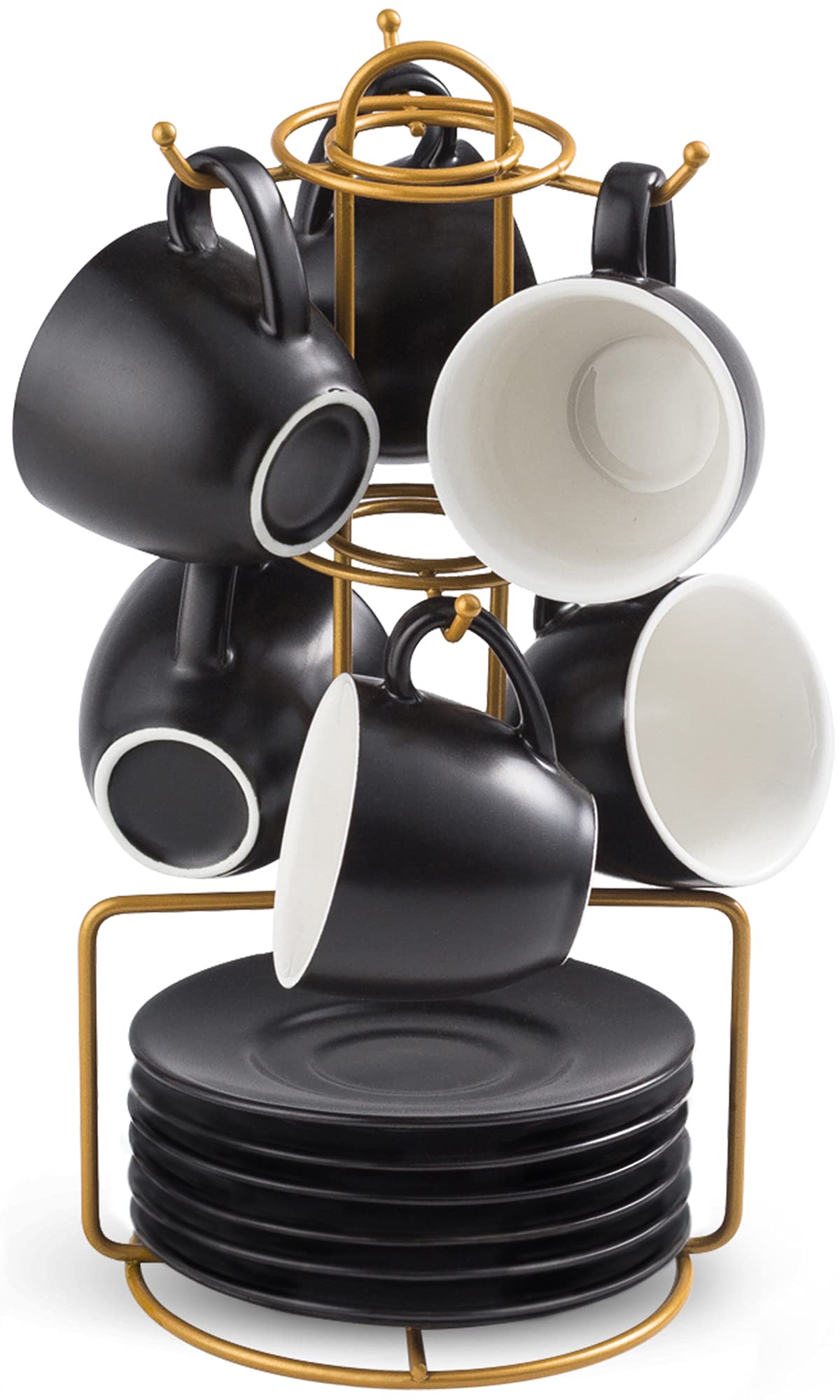 Yhosseun 3 Ounces Espresso Cups With Saucers Set, Porcelain Latte Cups And Metal Stand Demitasse Cups For Espresso, Latte, Cafe