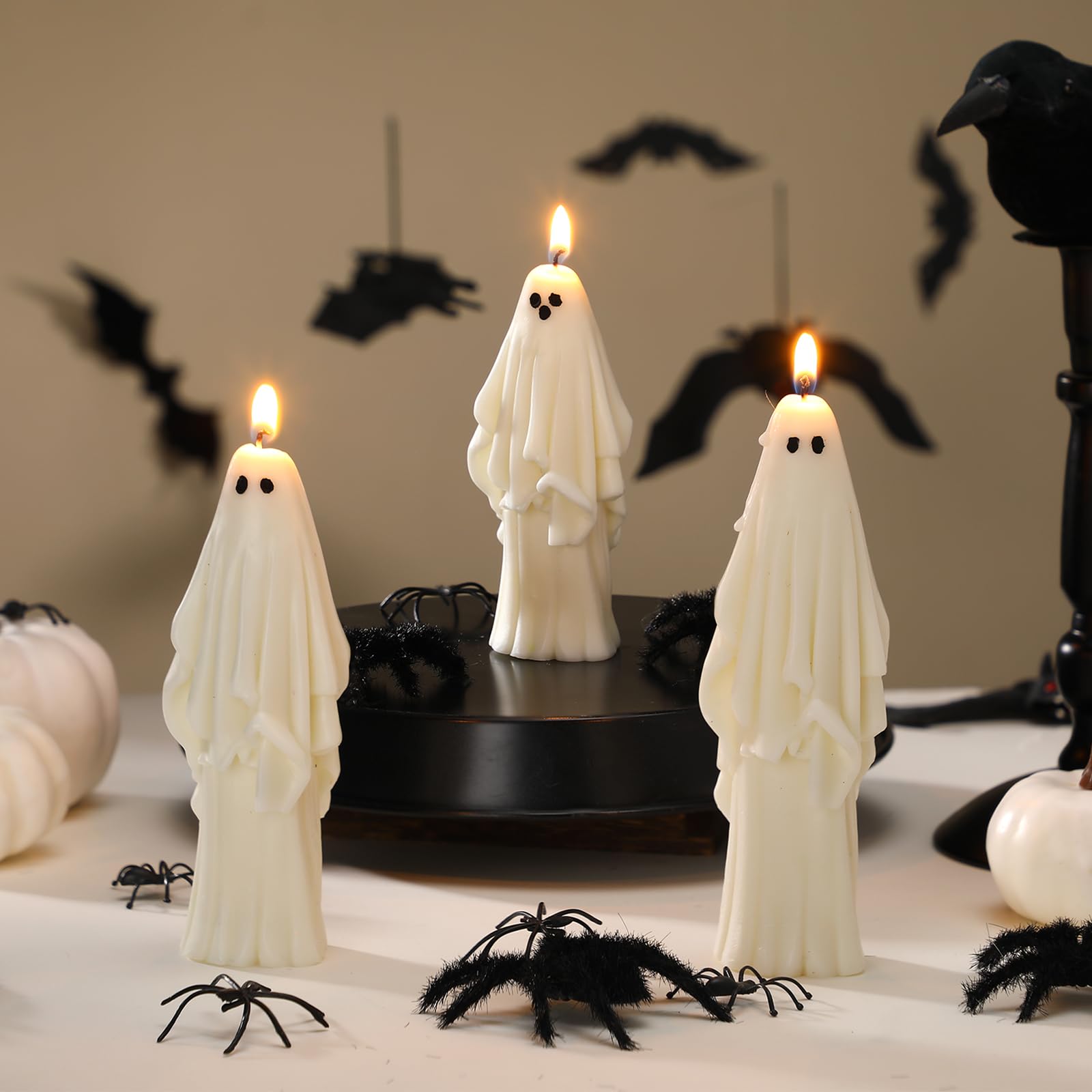 Nuanchu 3 Pcs Halloween Ghost Decor Ghost Candles Gothic Decoration Indoor Gift for Mantel Halloween Table Centerpiece Cute Goth