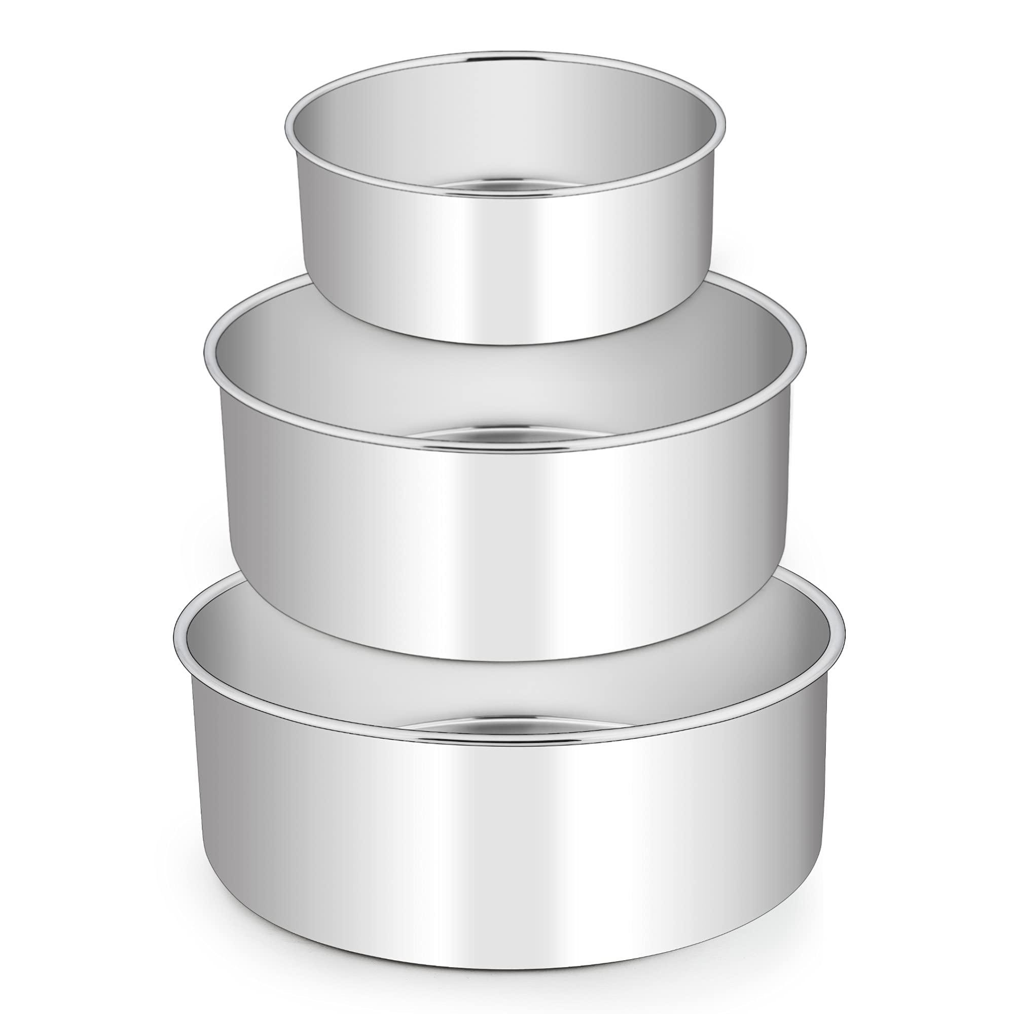 E-Far Deep Cake Pan Set Of 3 (6 Inch/8 Inch/9 Inch), Stainless Steel Round Layer Cake Baking Pans, Metal Tier Cake Tins For Wedd