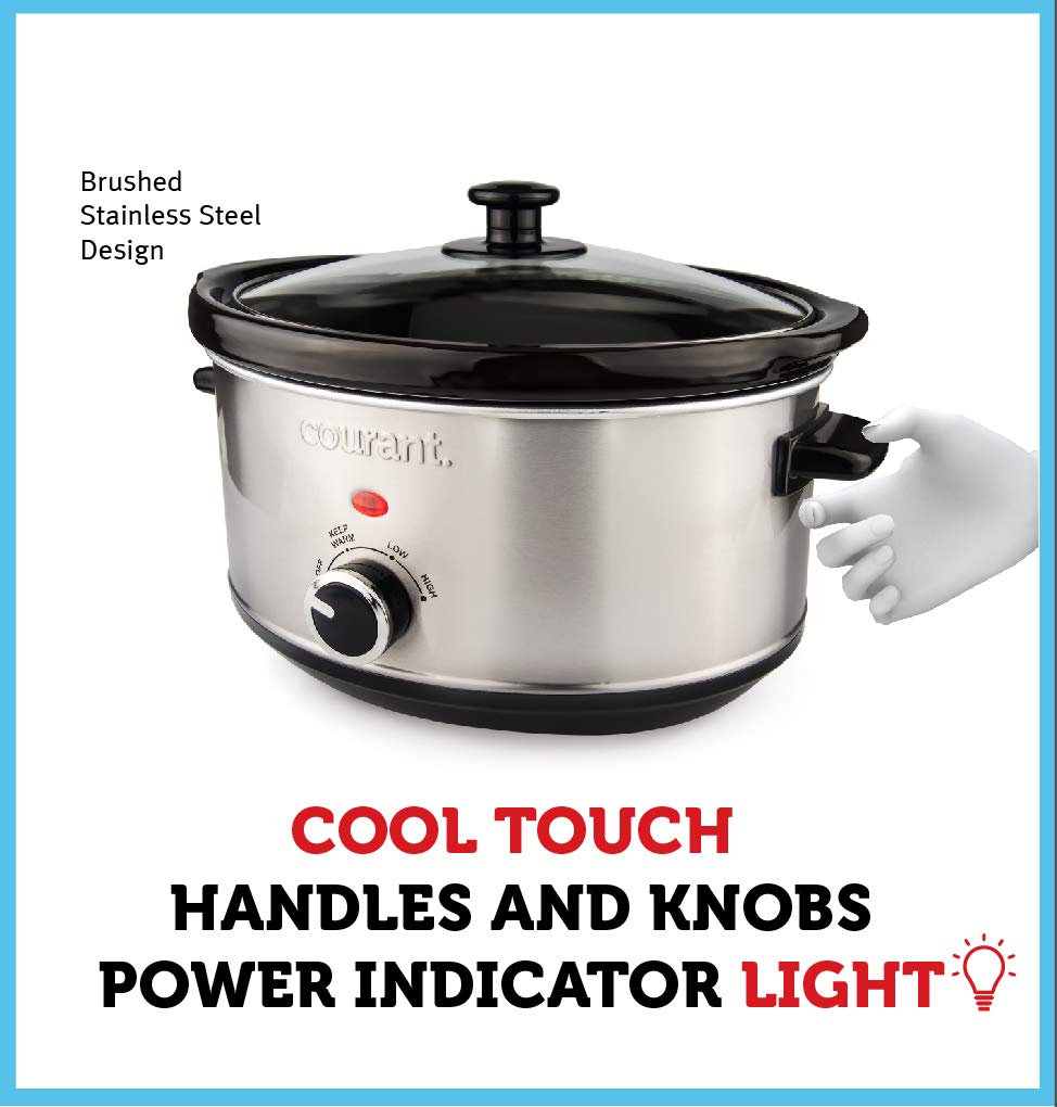 Courant Oval Slow Cooker Crock, With Easy Options 3.5 Quart Dishwasher Safe Pot, Stainless Steel