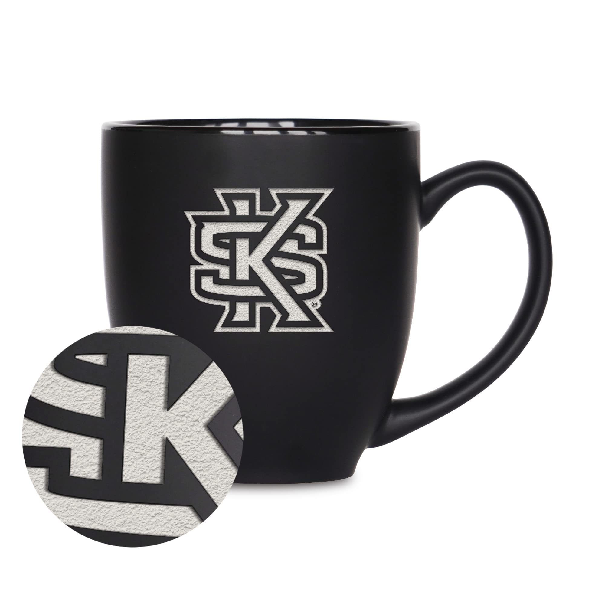 Rico Industries NCAA Kennesaw State Owls Main 15oz Laser Engraved Matte Black Ceramic Bistro Mug - For Hot or Cold Drinks