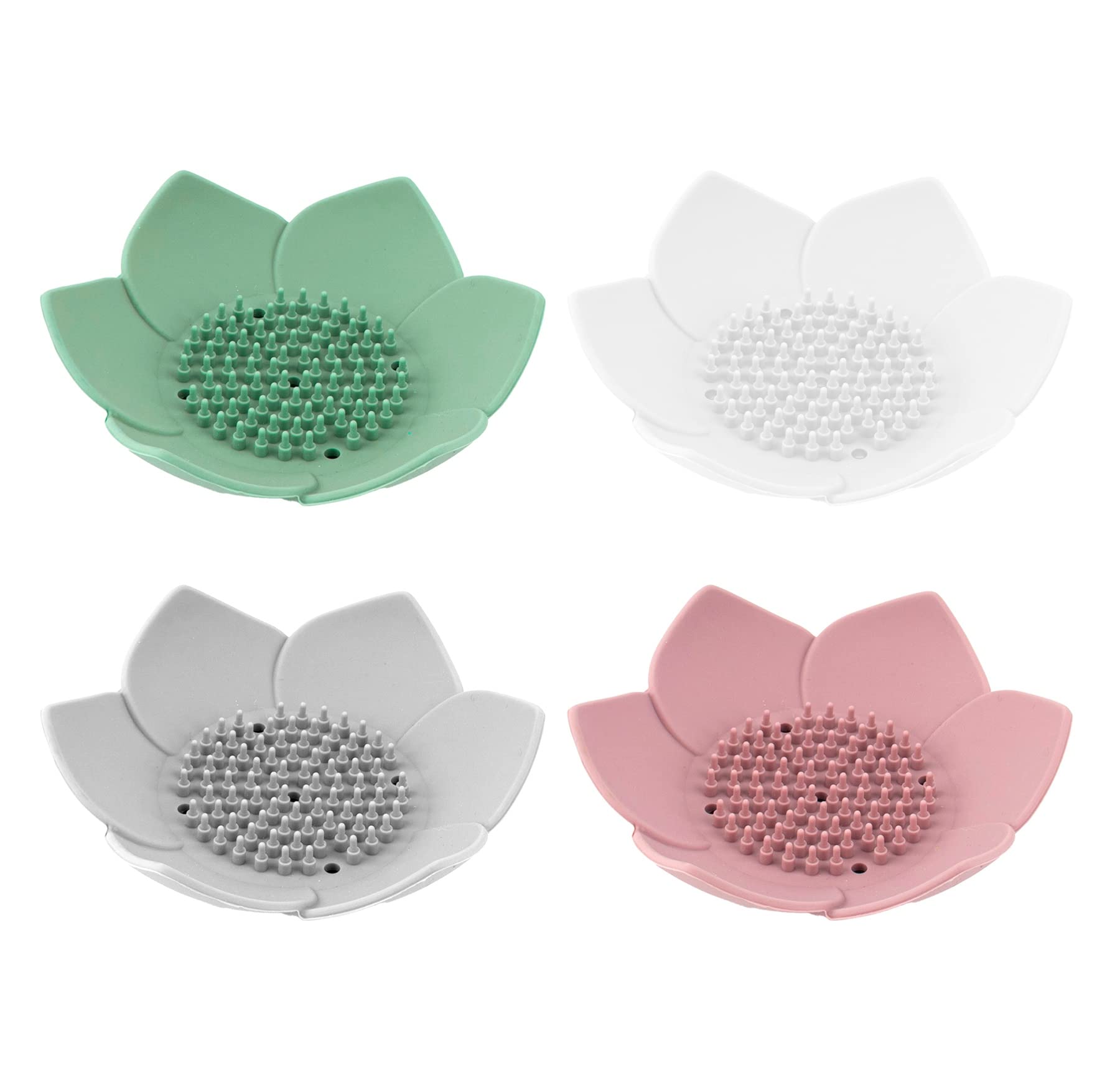 Framendino, 4 Pack Lotus Flowers Soap Dish Silicon Flexible Non-Slip Floral Soap Trays With Drain For Bathroom Shower