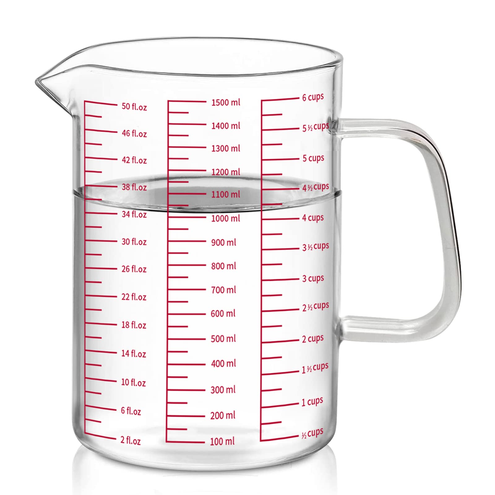 Luvan 50Oz/6 Cups Glass Measuring Cup, Easy To Read With 3 Measurement Scales (Ml/Oz/Cup), Insulated Handle And V-Shaped Spout,