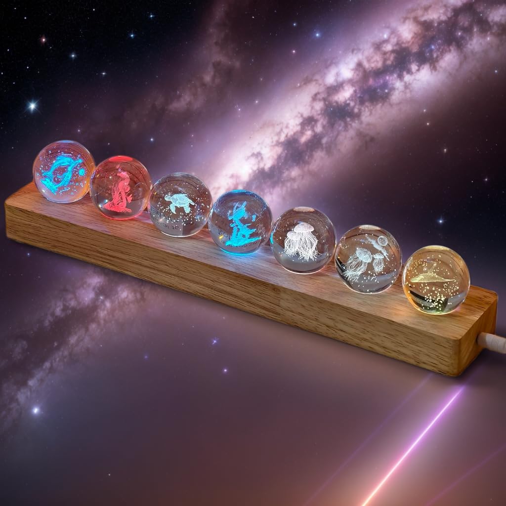 vskikris 3D Crystal Laser Ocean Light Up Decorative Balls with LED Wooden Base - 7 Glass Laser Balls, Night Light Decoration for