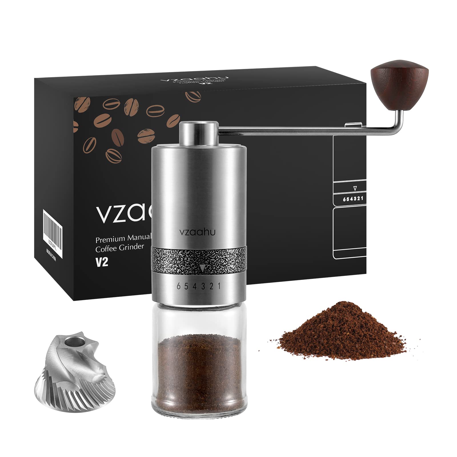 Vzaahu Manual Coffee Grinder With Lid Stainless Steel Fast Grind Conical Burr With Adjustable External Setting Coffee Bean Lover