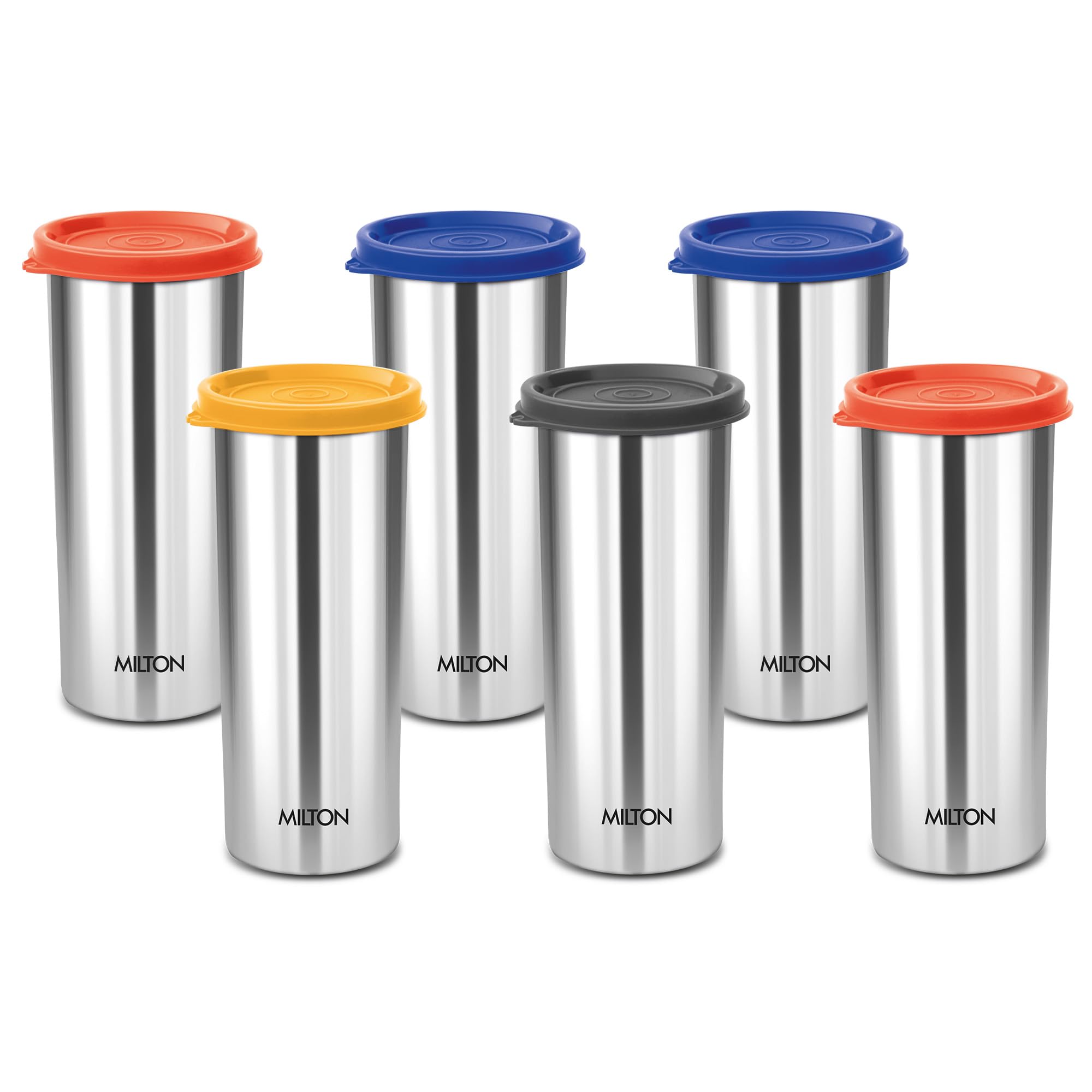 Milton Stainless Steel Tumbler With Lid Set Of 6, 530 Ml Each, Assorted (Lid Color May Vary) | Office | Gym | Yoga | Home | Kitc