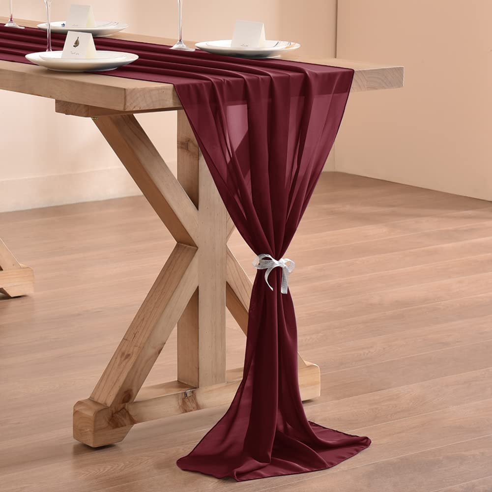 Socomi 10Ft Burgundy Chiffon Table Runner 29X120 Inches Wedding Runner Sheer Thanksgiving Christmas Bridal Shower Decorations