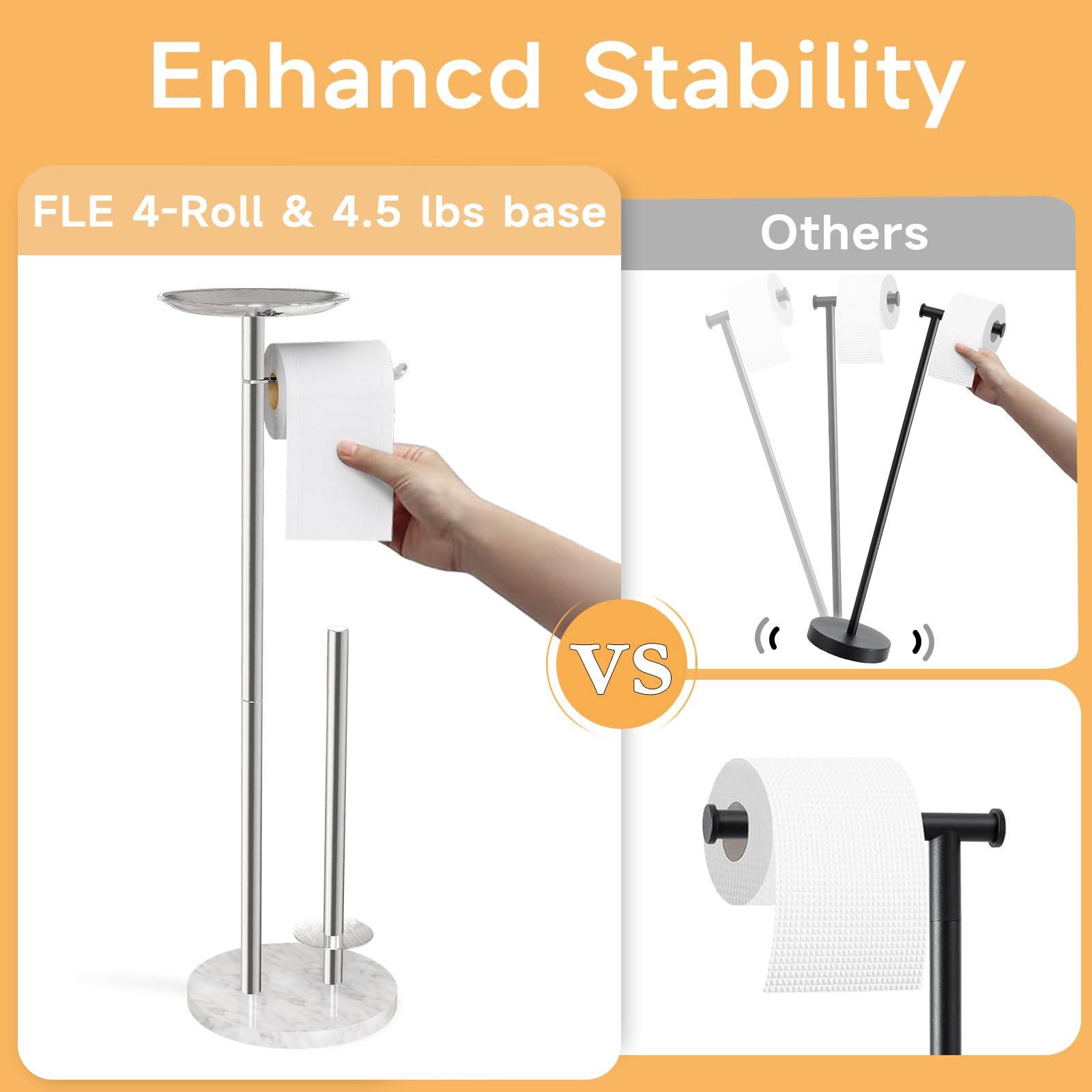 Feilern Toilet Paper Holder Stand With Marble Base, Toilet Paper Holder Stand Free Standing With Phone Shelf, Large Capacity Bat