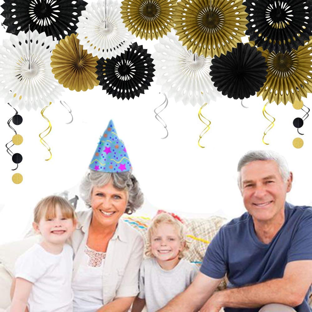 BEISHIDA Black Gold White Hanging Honeycomb Round Paper Fans Decoration Set for New Year Baby Shower Birthday Wedding Bachelorette Photo Booth Backdrops Anniversary Paper Party Supplies(11packs)