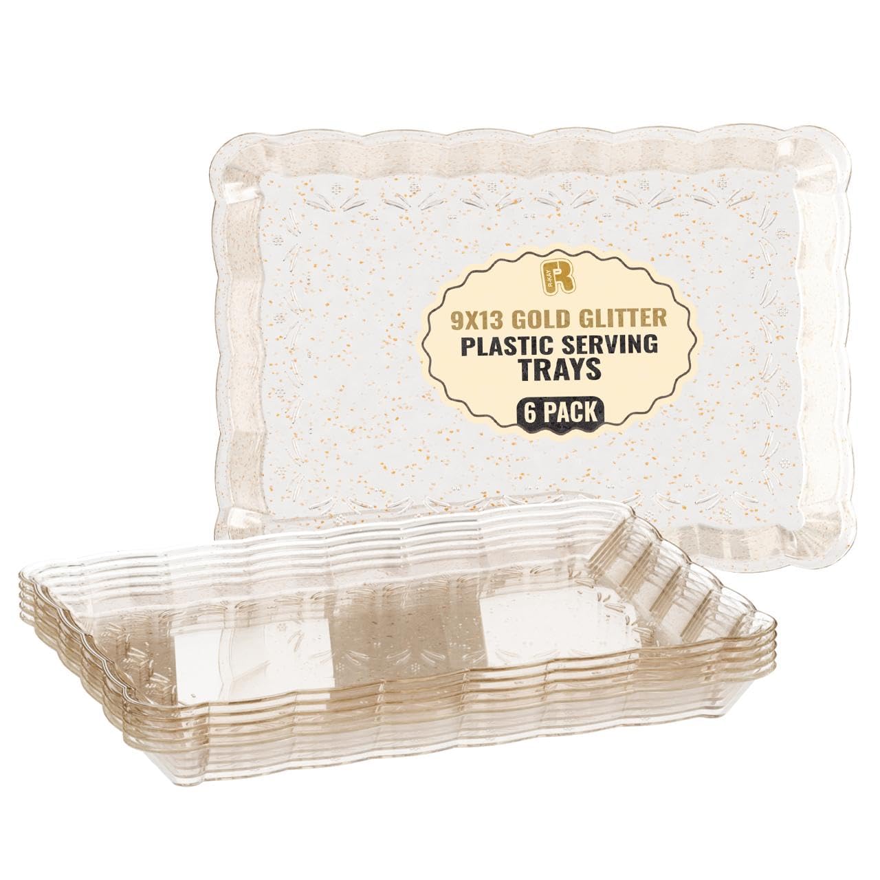 6 Pack Gold Glitter Plastic Serving Trays for Party, 9 x 13 Inch - Heavy Duty Plastic Gold Trays for Food - Rectangular Party Se