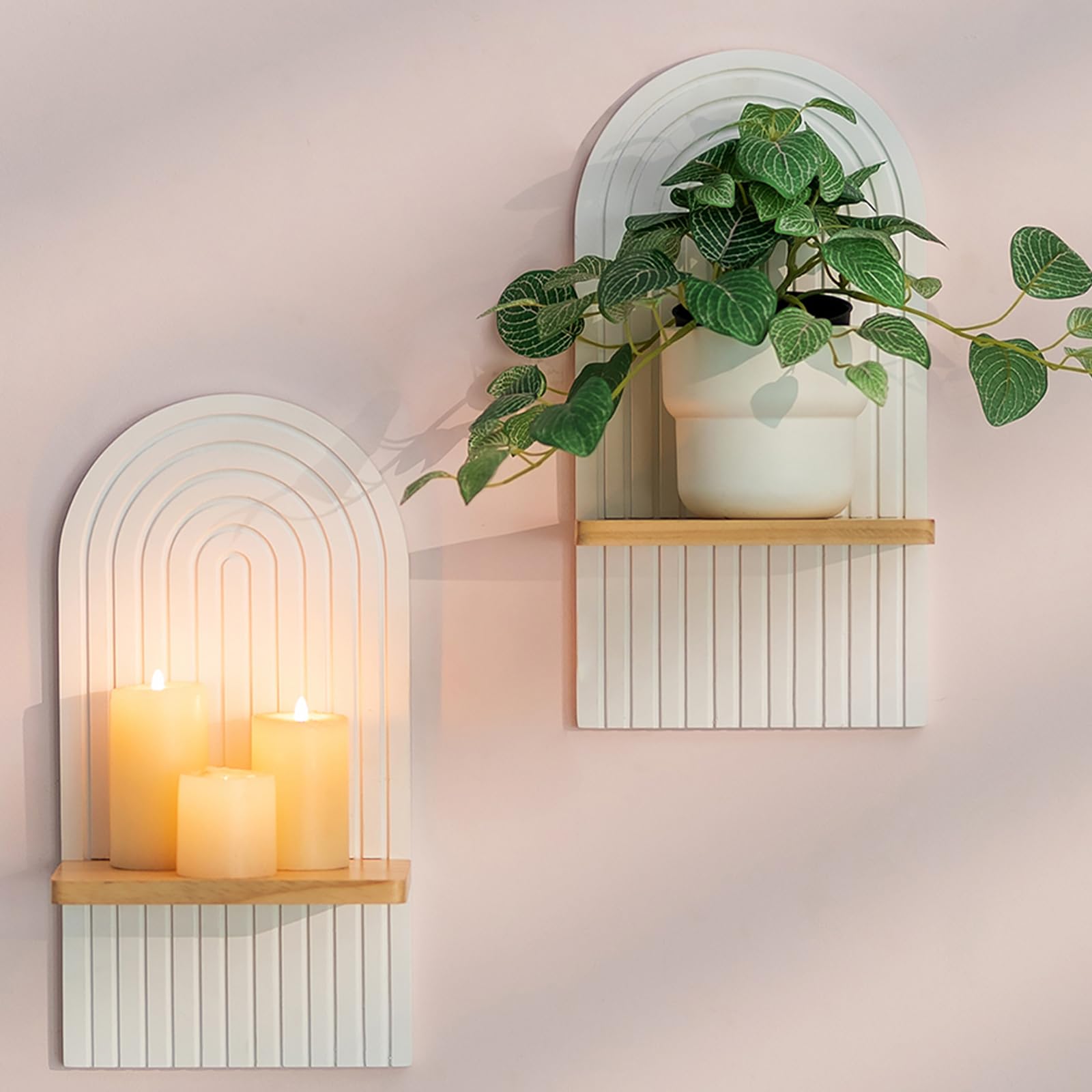 Walasis Boho Wall Candle Holder Decor: Mid Century Candle Sconces Set of 2 for Plants Pillar Candles - White Wood Modern Minimal
