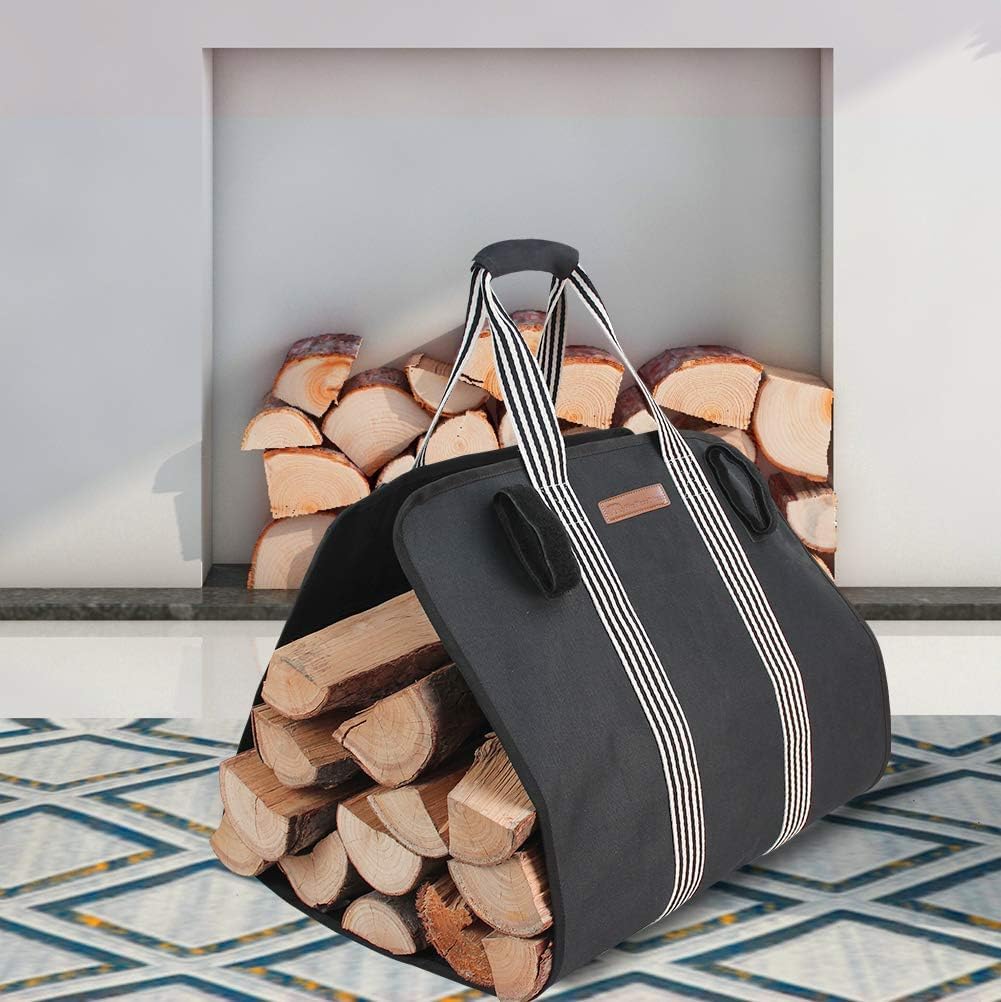Myfireplacedirect Indoor Heavy Firewood Log Carrier Tote, Oxford Canvas Fabric Foldable Wood Carrier Padded Handles, Outdoor Lar