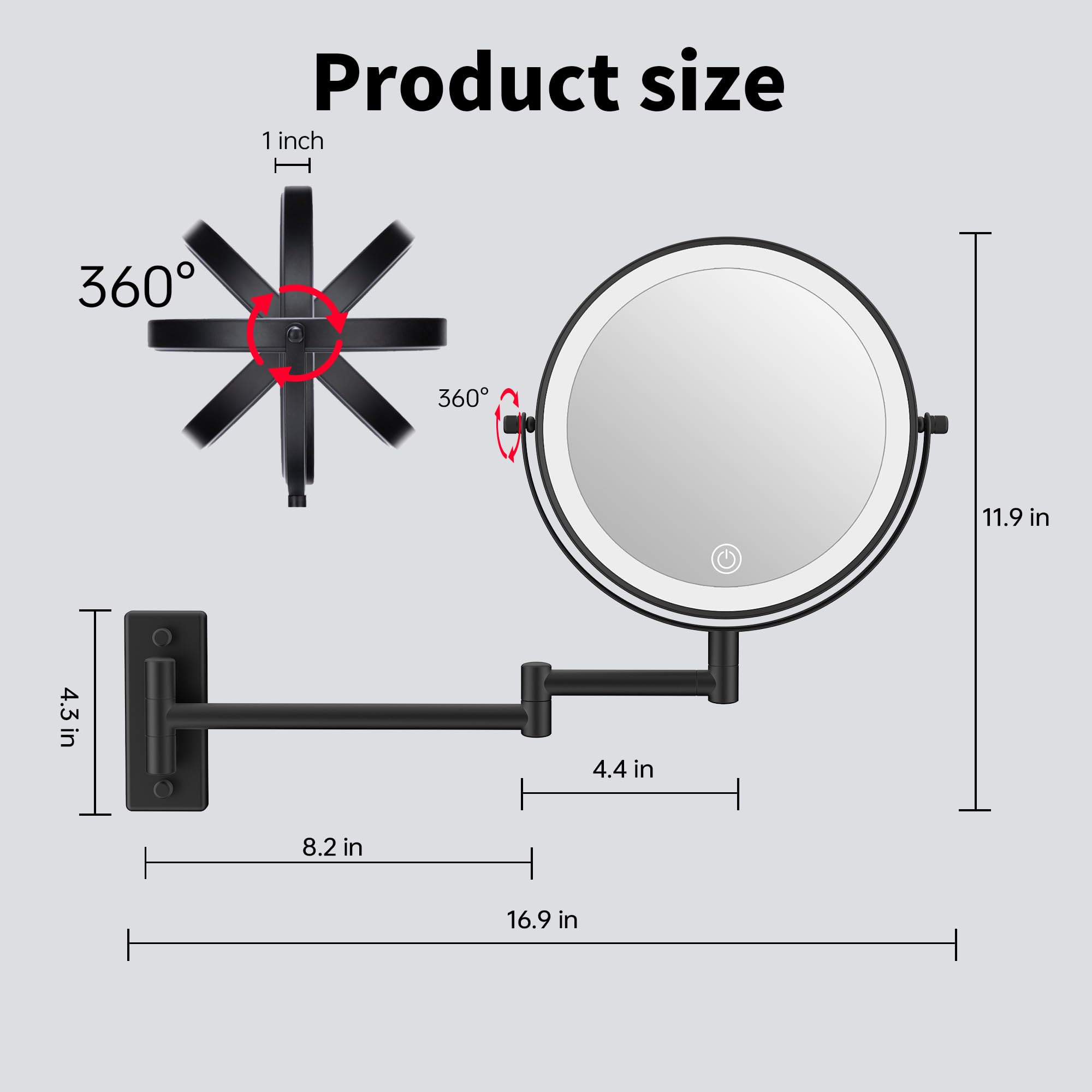 LANSI Rechargeable Wall Mounted Lighted Makeup Mirror  Mounted Makeup Magnifying Mirror with Lights 10X LED Vanity Mirror Wall Mounted  8'' Wall Bathroom Light Up Magnified Mirror (Black)