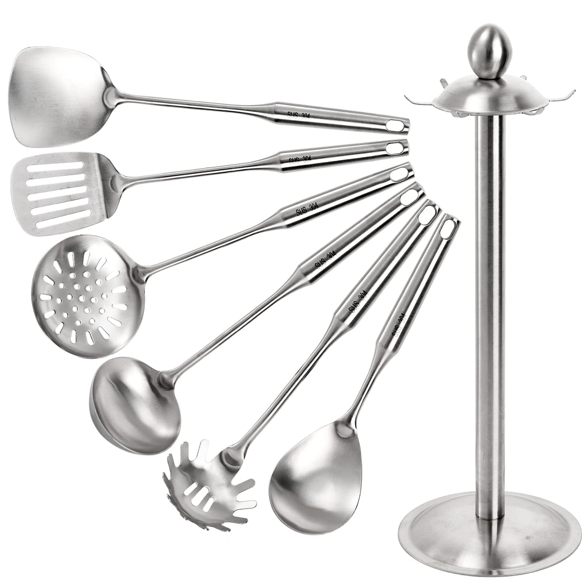 Peohud Set Of 7 Kitchen Utensil Set, 304 Stainless Steel Cooking Tools, Cookware Set With Rotating Holder, Slotted Spoon, Slotte