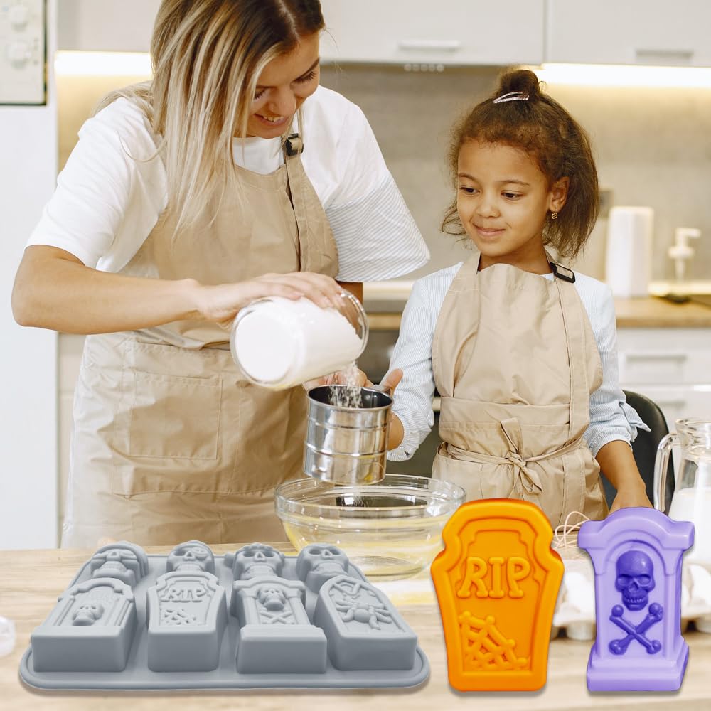 2 Pack Halloween Chocolate Molds 3D Skull And Tombstone Halloween Themed Baking Mould Tray Diy Baking Tool For Chocolate Cake De