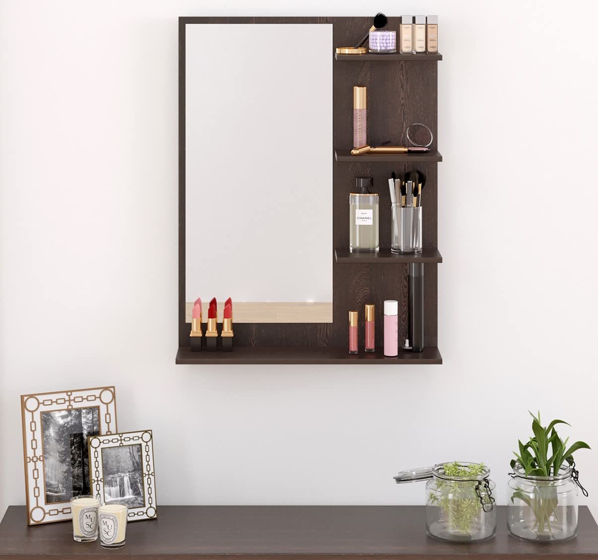 BLUEWUD Rico Mini Engineered Wood Wall Mount Dressing Table Organizer Makeup Vanity with Mirror Storage Shelves for Bedroom Home