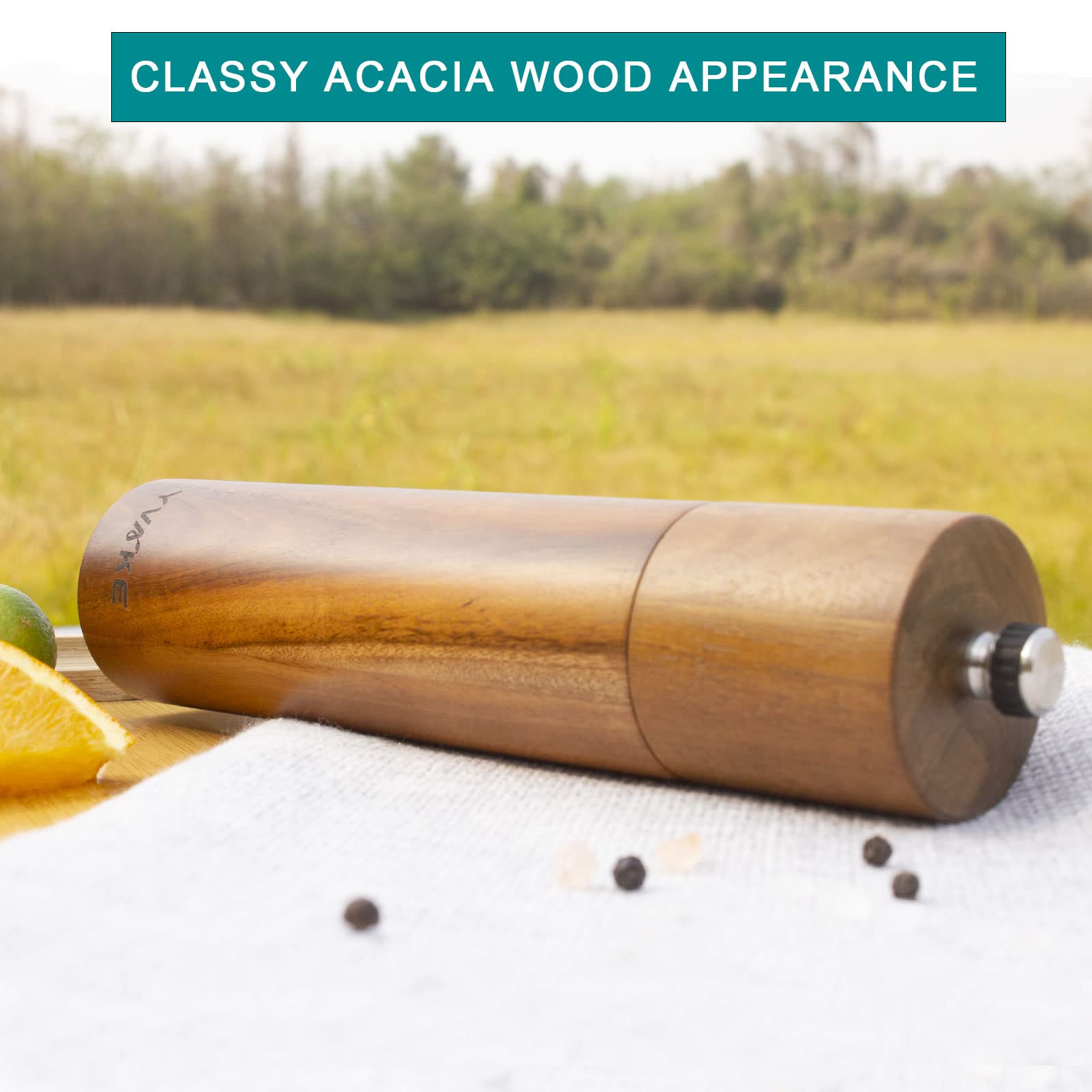 Yvake Wooden Salt And Pepper Grinder,8 Inch Manual Salt And Pepper Mill, Adjustable Coarseness And Refillable,Acacia Wood Pepper