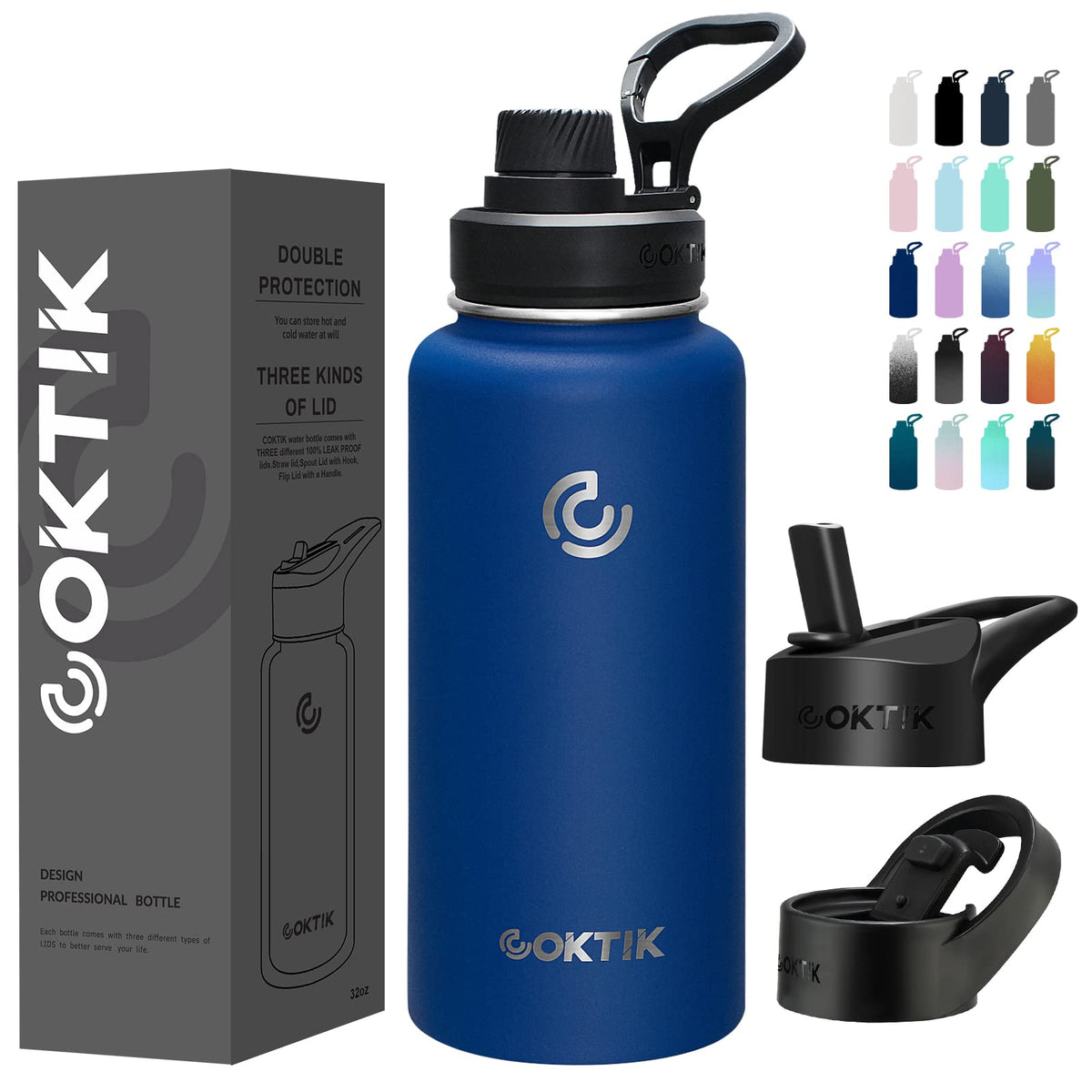 Coktik 32 Oz Sports Water Bottle With Straw,3 Lids, Stainless Steel Vacuum Insulated Water Bottles,Leakproof Lightweight, Keeps