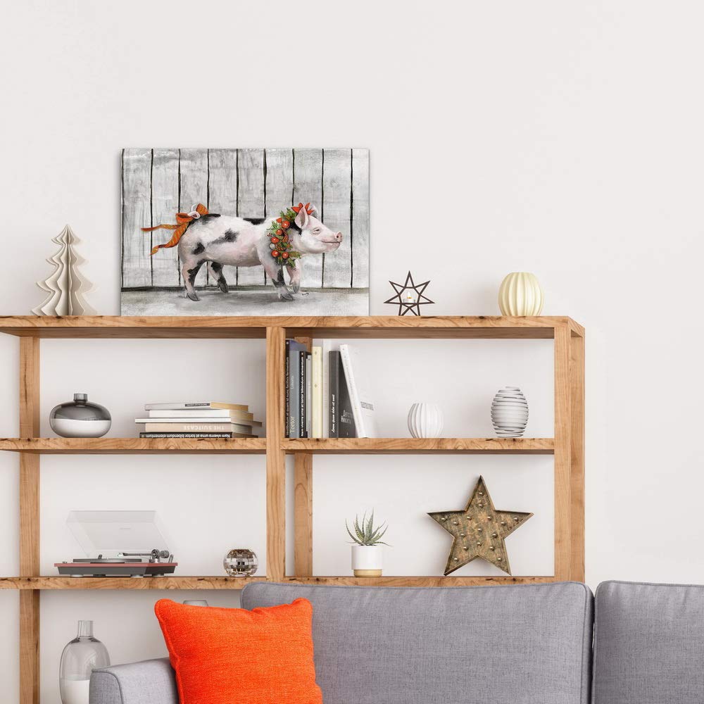 Renditions Gallery Canvas Festival Wall Art Modern Paintings & Prints Decorations Happy Christmas Pig Rustic Bow Wreath Animal W