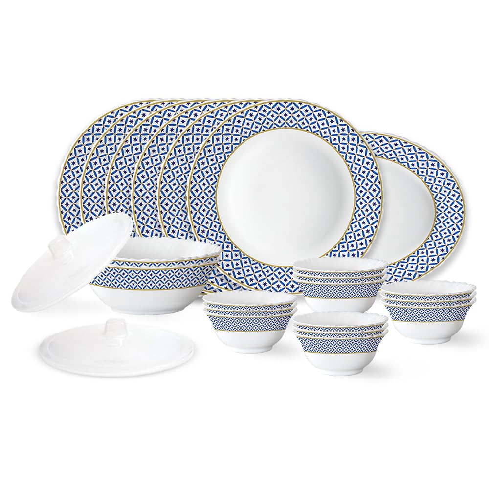 Larah By Borosil Juliet Fluted Series Opalware Dinner Set | 23 Pieces For Family Of 6 | Microwave & Dishwasher Safe | BoneAsh F