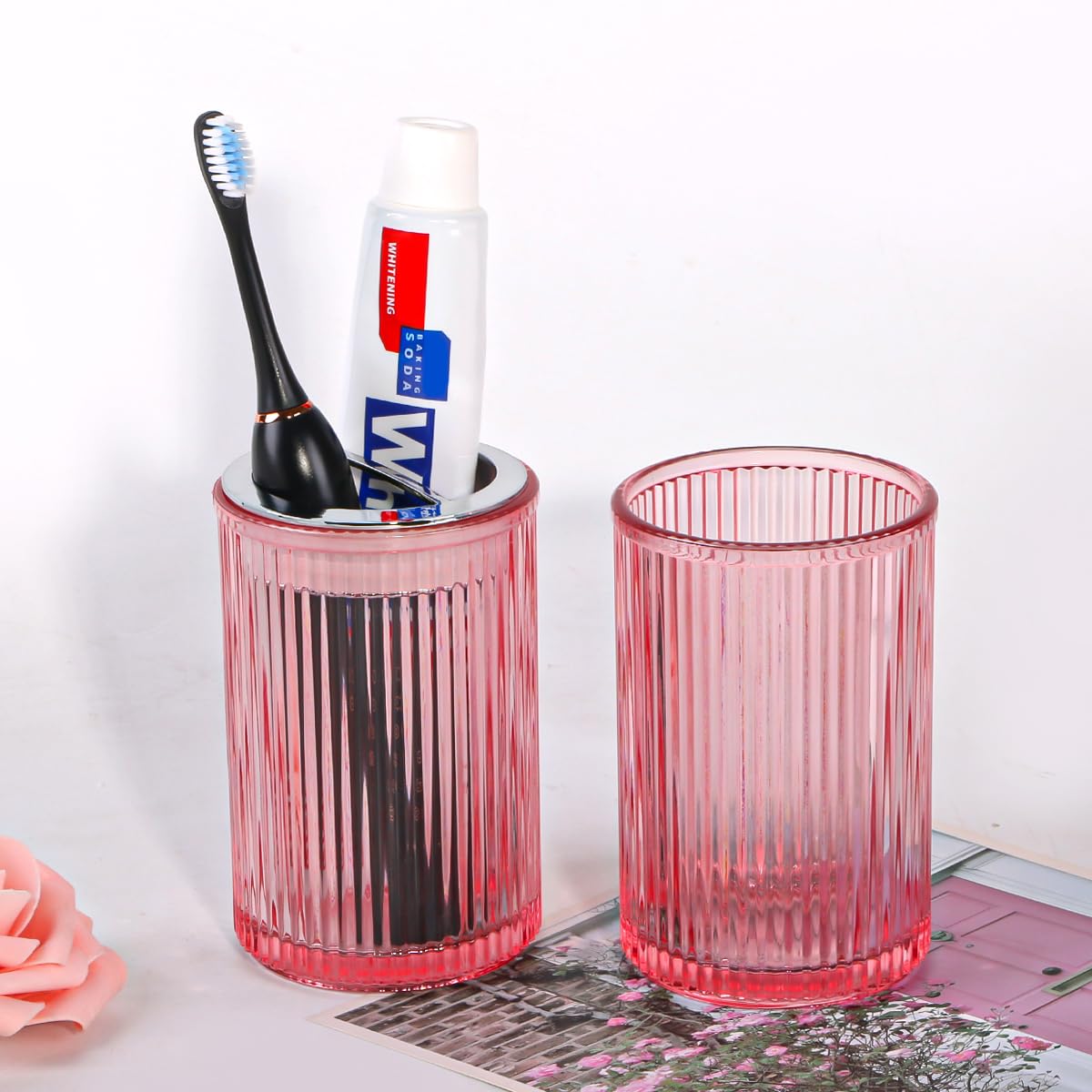 Tonxus Pink Toothbrush Holders for Bathrooms, 2pcs Glass Toothbrush Holder and 12oz Bathroom Tumbler Cup Set, Silver Tooth Brush