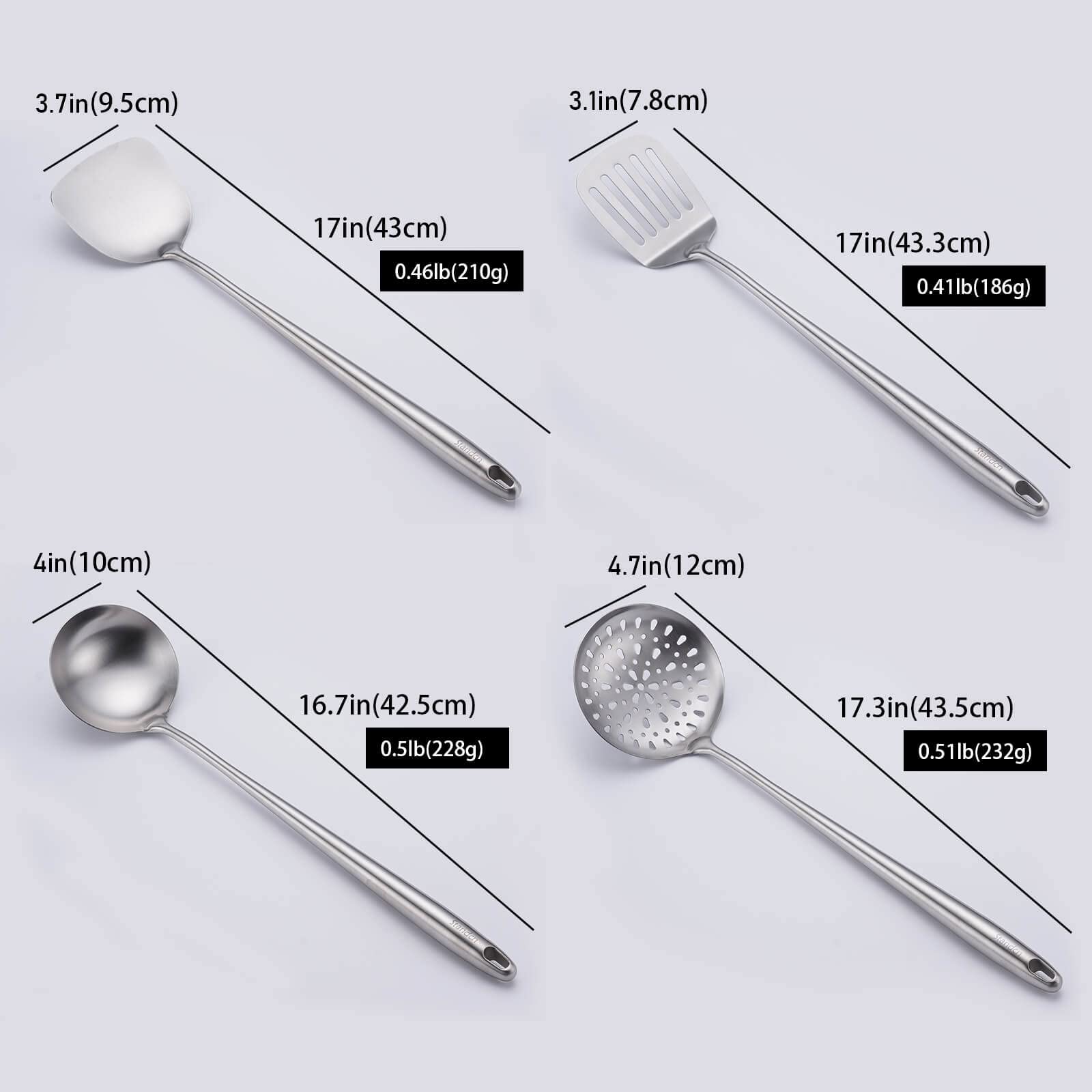 17Inch Wok Spatula And Ladle, Skimmer Spoon, Slotted Spatula - 304 Stainless Steel Kitchen Utensils Set, 4-Pieces All Metal Extr