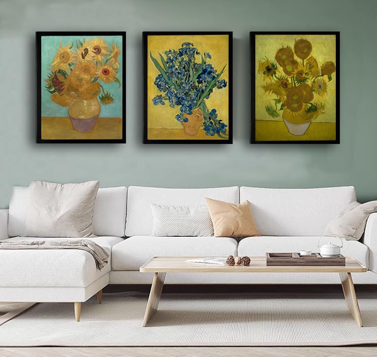 Black Framed Sunflower And Irises By Vincent Van Gogh Oil Paintings Reproduction Modern Floral Canvas Prints Artwork Flowers Pic