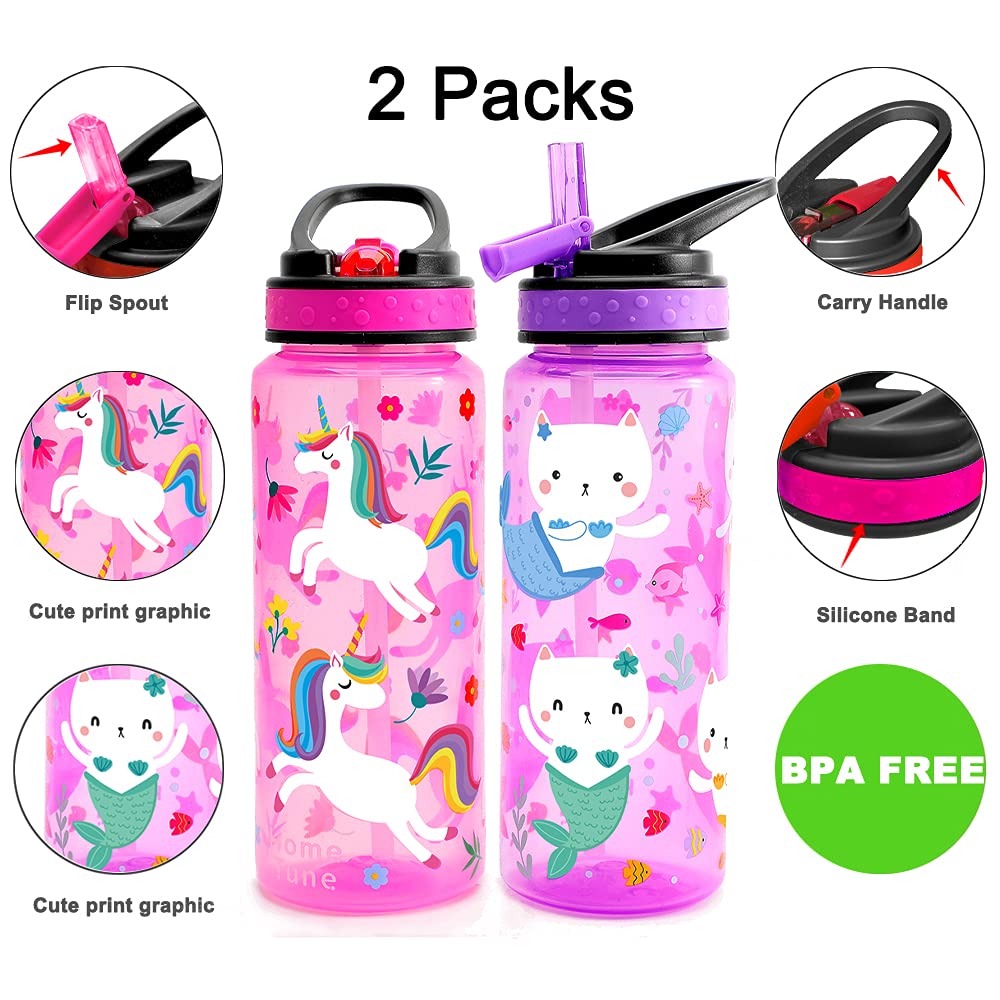 Home Tune 23Oz Kids Water Drinking Bottle 2 Pack - Bpa Free, Auto Push Button, Chug Lid, Carry Loop Lightweight, Spill-Proof Wat