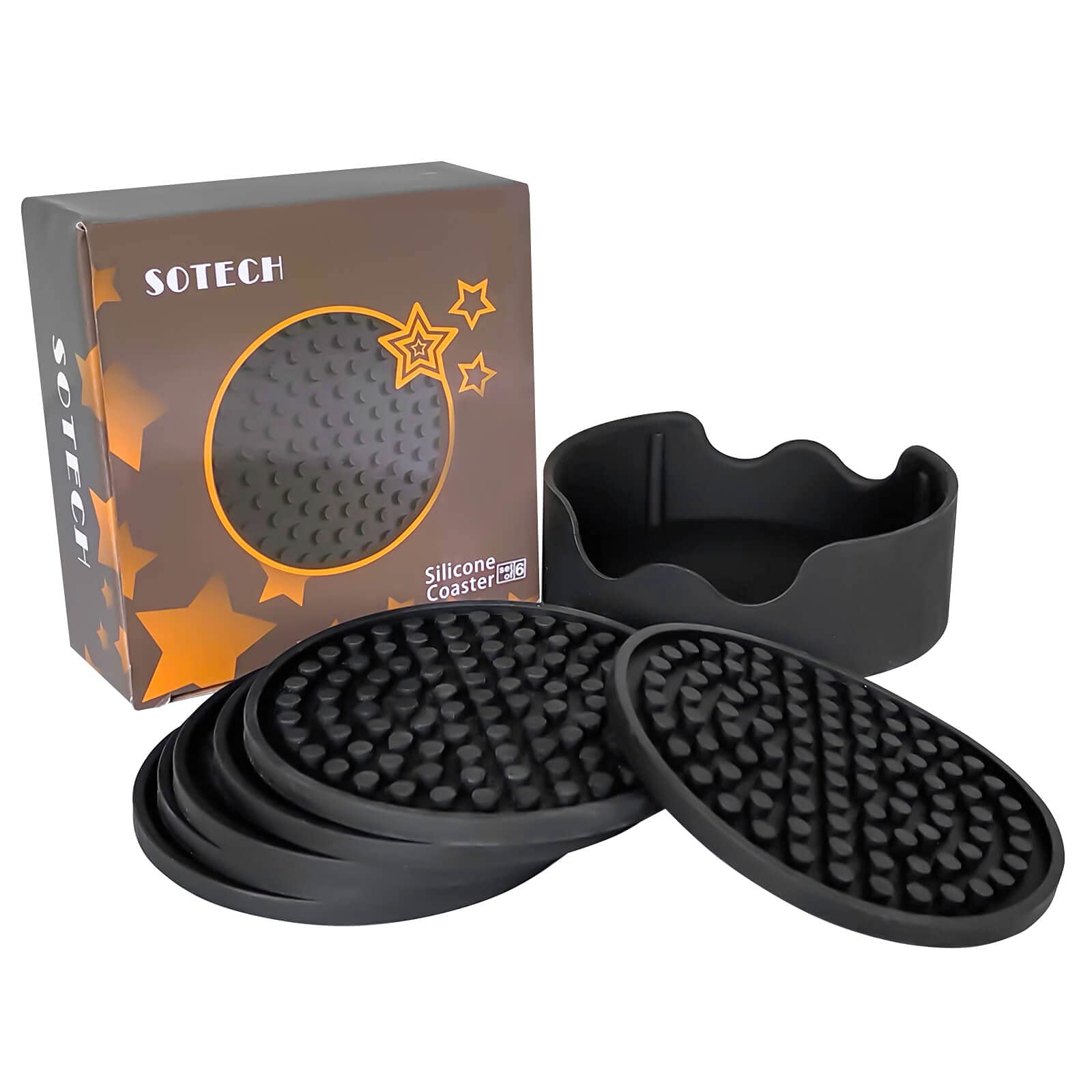 Silicone Coasters Set Of 6 Thickened Drink Coasters With Holder - Cup Mat - Non-Slip, Non-Stick, Stay Put, Deep Tray - Prevents