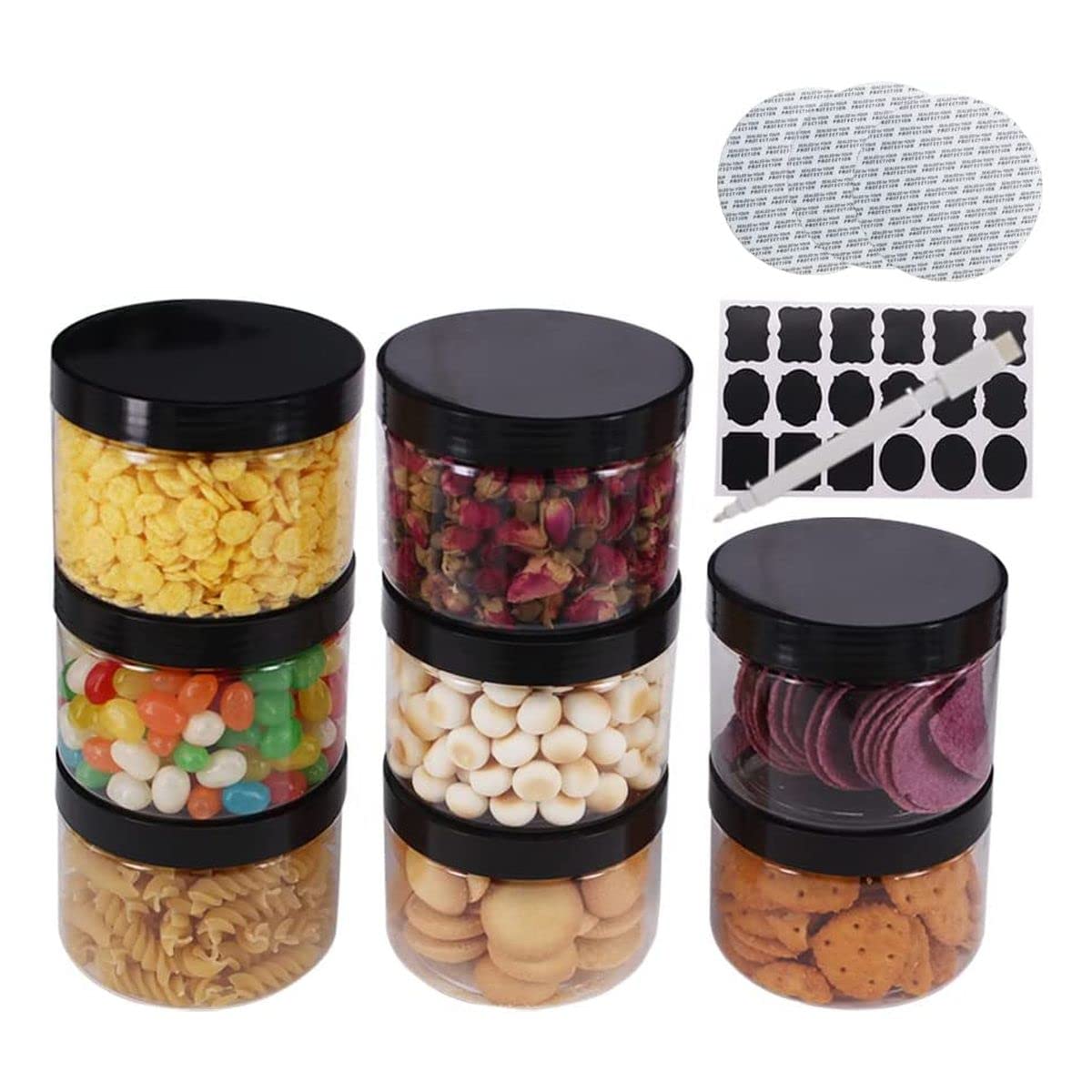 Zmybcpack 12 Pack 8 Oz Clear Plastic Jars With Black Lids, A Spatula, A Pen & Labels - Bpa Free Pet Container For Cosmetics, Cre