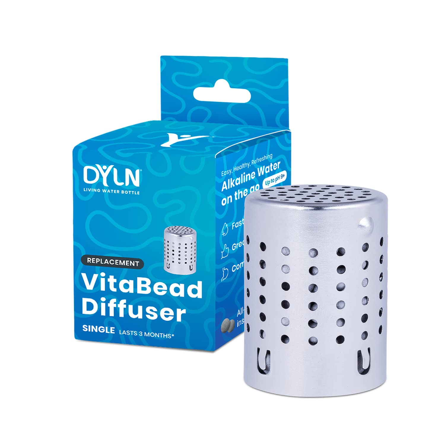 Dyln Alkaline Vitabead Diffuser 1-Pack For Dyln Bottle | Creates Ph 9+ Alkaline Hydrogen-Rich Water On-The-Go | Lasts 3 Months O