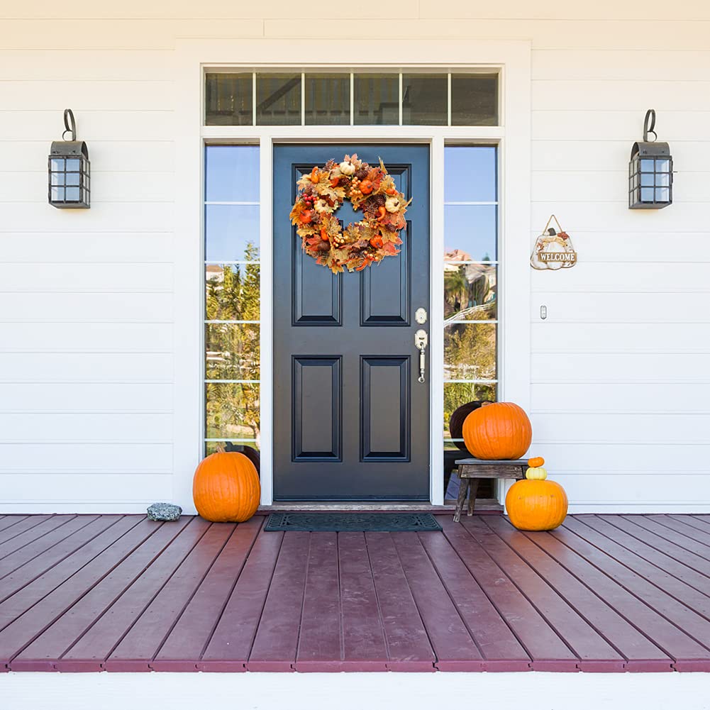 Ochine 20 Inch Fall Wreath, Thanksgiving & Halloween Decoration, Artificial Farmhouse Wreath with Pumpkins, Berry, Maple Leaf, P