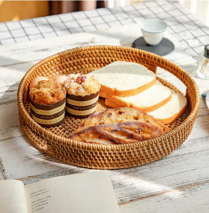 Rattan Round Serving Tray  Hand Woven Serving Basket with Cut - Out Handles  Wicker Fruit/Bread Serving Basket  11.8 inch