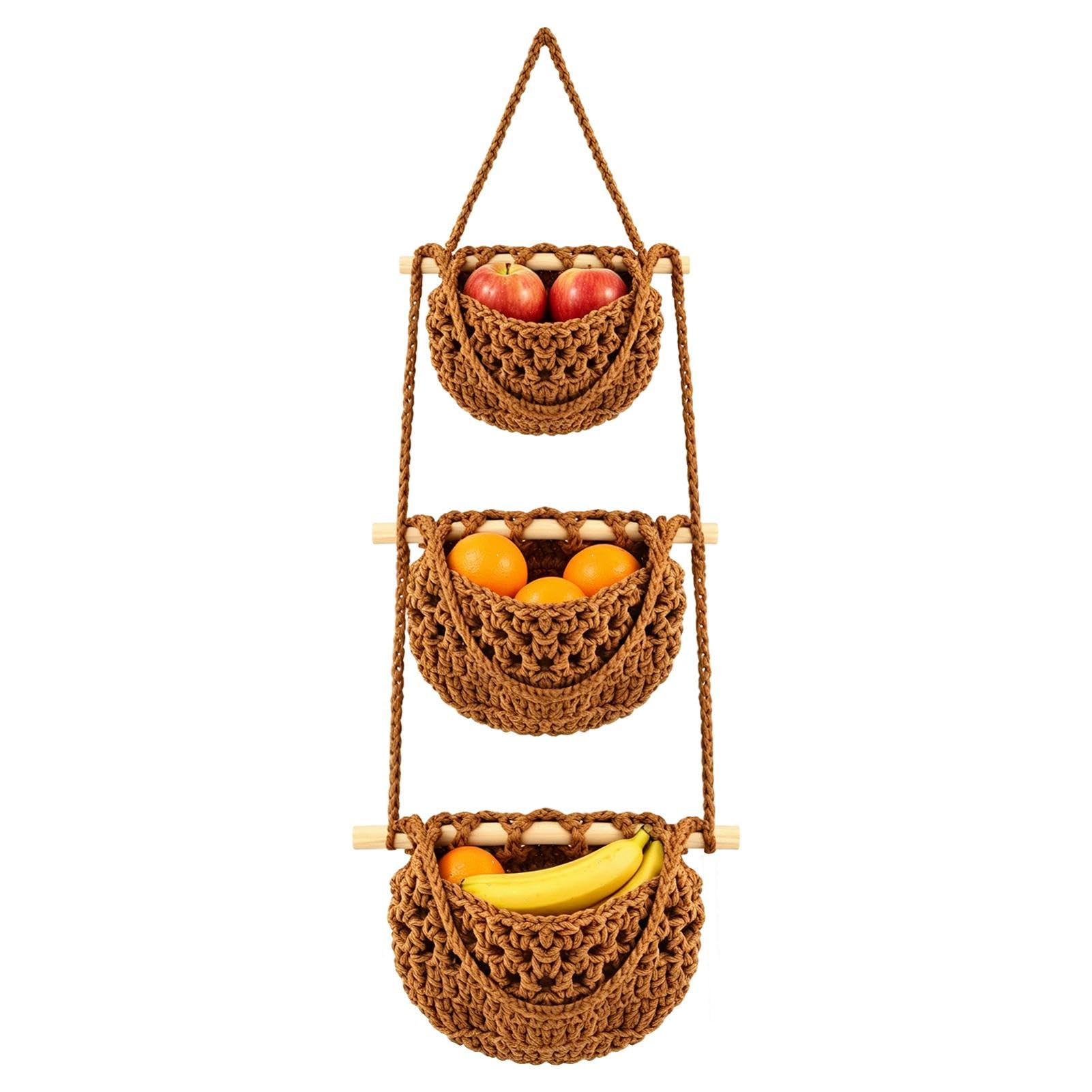 3 Tier Hanging Fruit Basket, Rope Woven Wall Hanging Fruit & Vegetable Storage Baskets, Over the Door Organizer for Kitchen Bath
