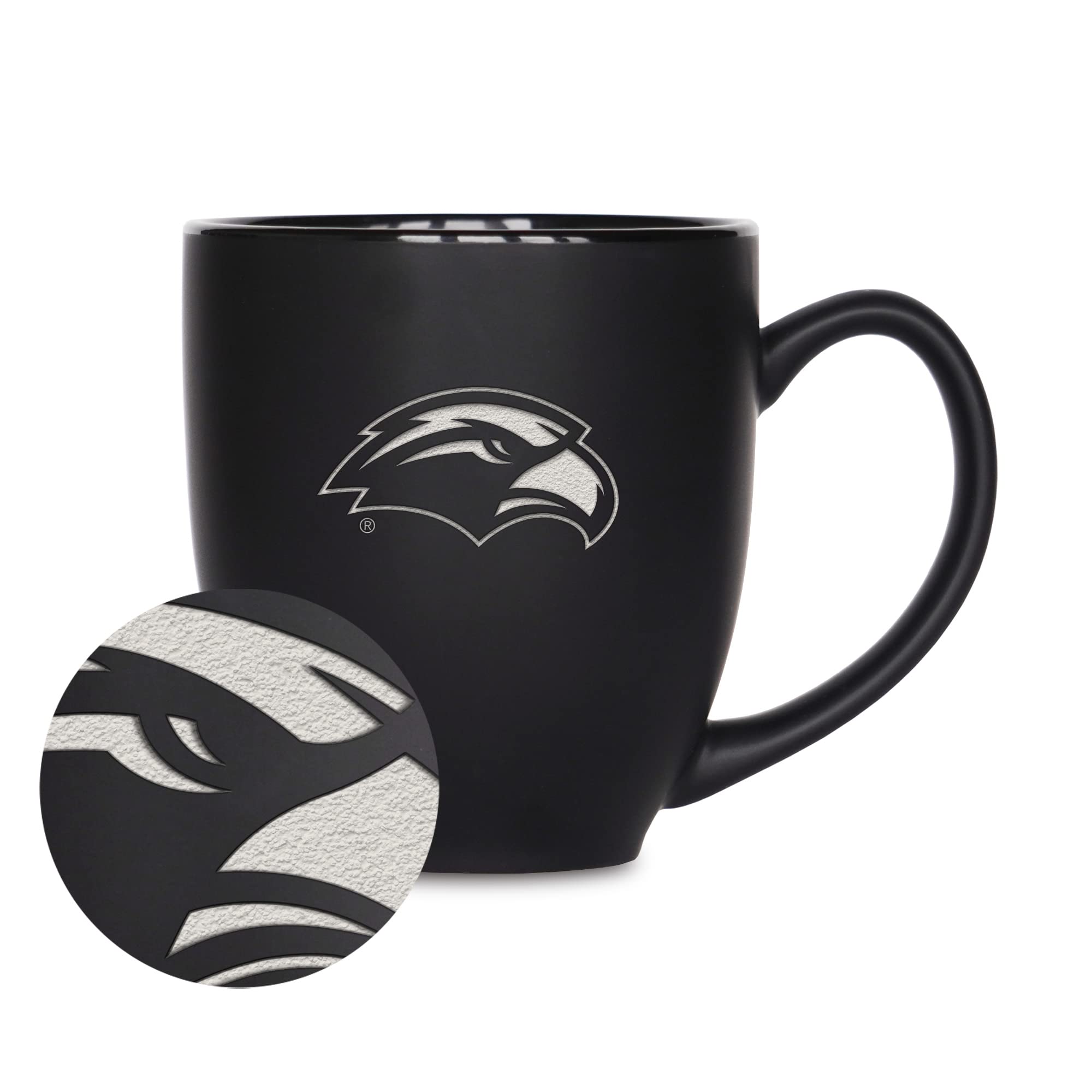 Rico Industries NCAA Southern Mississippi Golden Eagles Main 15oz Laser Engraved Matte Black Ceramic Bistro Mug - For Hot or Col