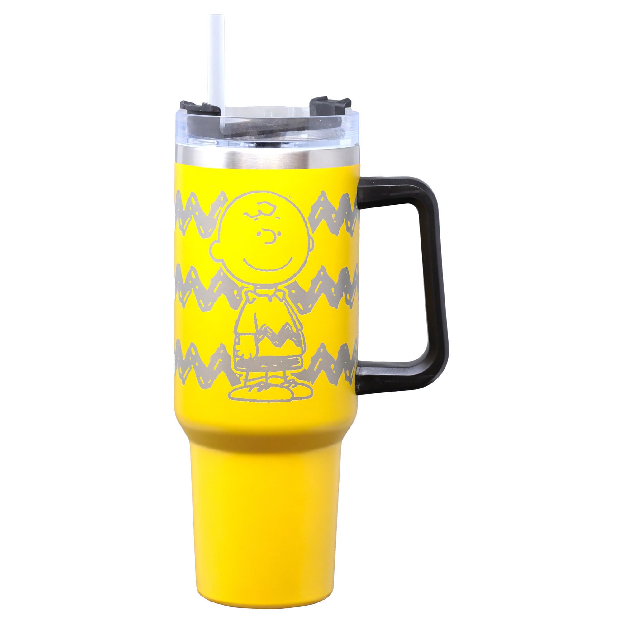Spoontiques Etched Peanuts Stainless Steel Travel Mug, 40oz - Double Wall Insulation, Sturdy Handle, Sliding Lock Travel Lid - C