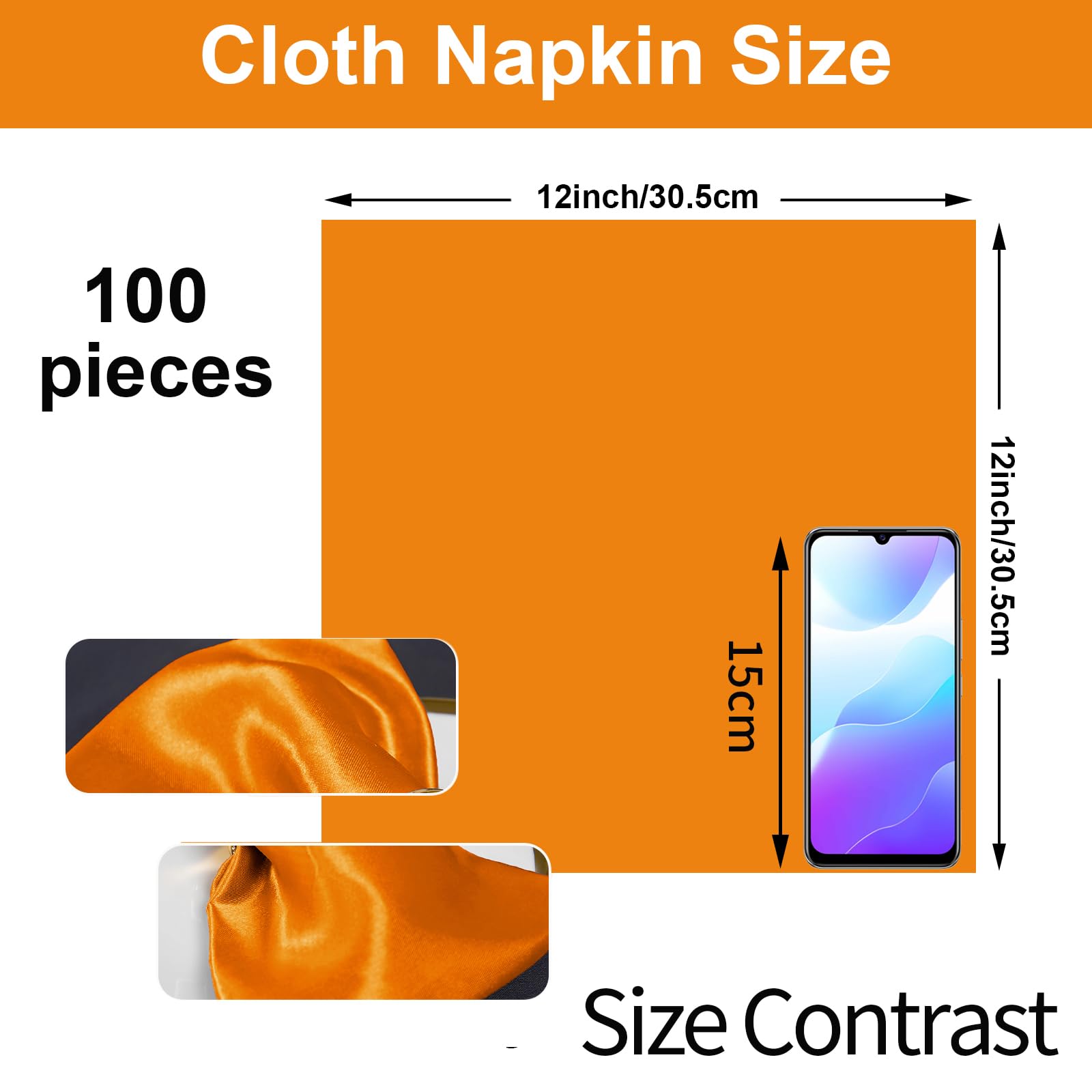 SiinvdaBZX 100 Pieces Orange Cloth Napkins 12 x 12 Inches  Small Size Square Satin Napkins Silky Soft Dinner Napkins or Handkerchief for Banquet Wedding Christmas Thanksgiving Decoration