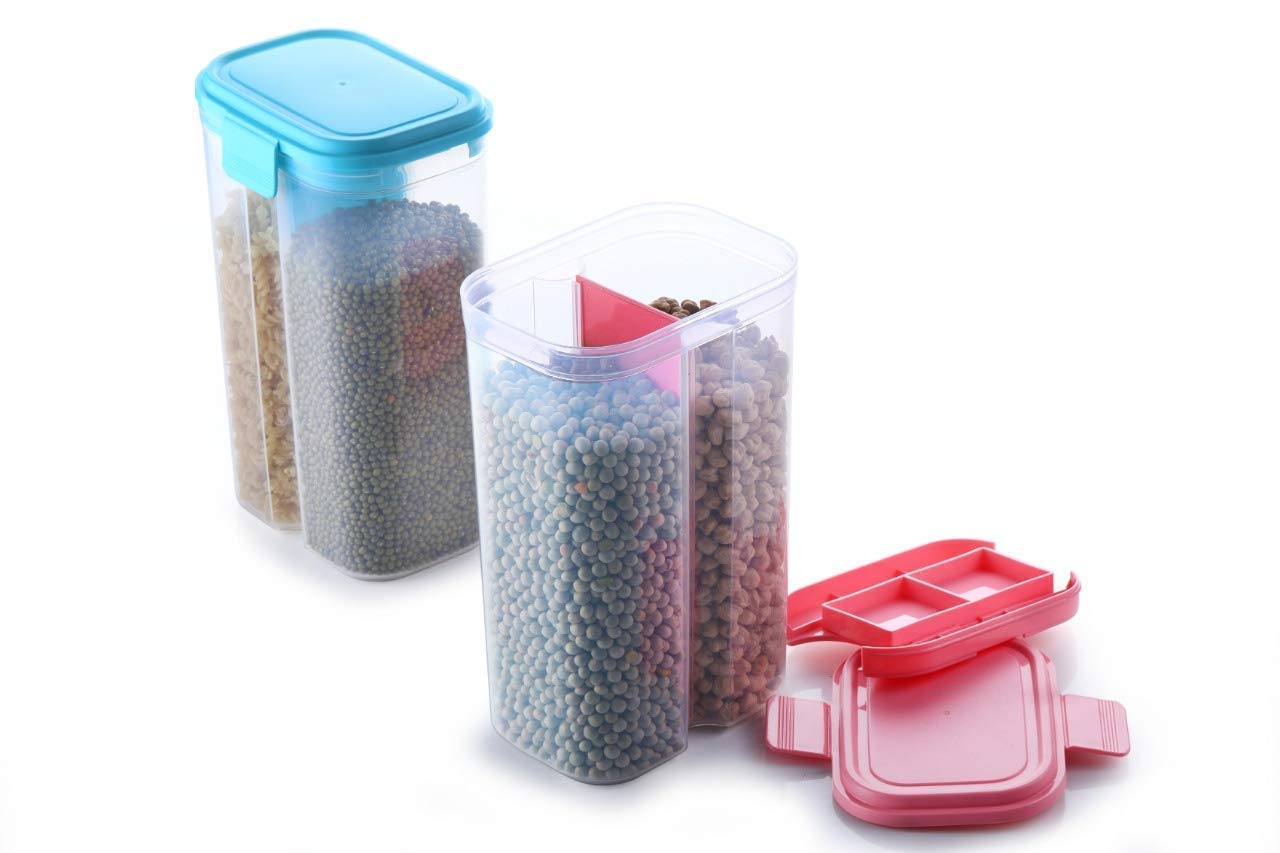 Ajb Cereal Dispenser Storage Jar Box Container Bin With Lid For Kitchen Food Rice Pasta Nuts Grains 2.6L 2 Sections 2Pic
